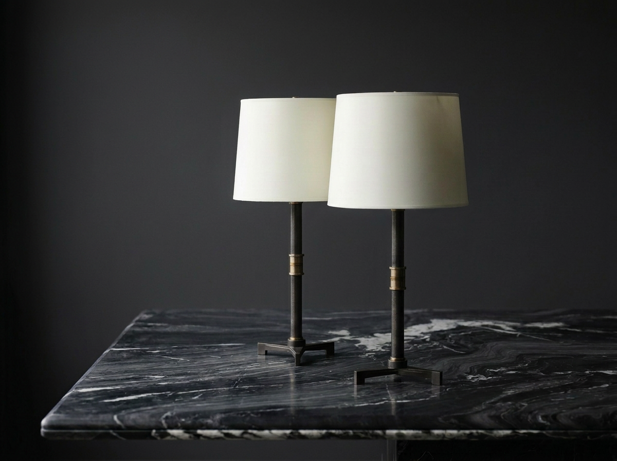 Pair of Steel Table Lamps with Tripod base in Statuary Bronze Finish