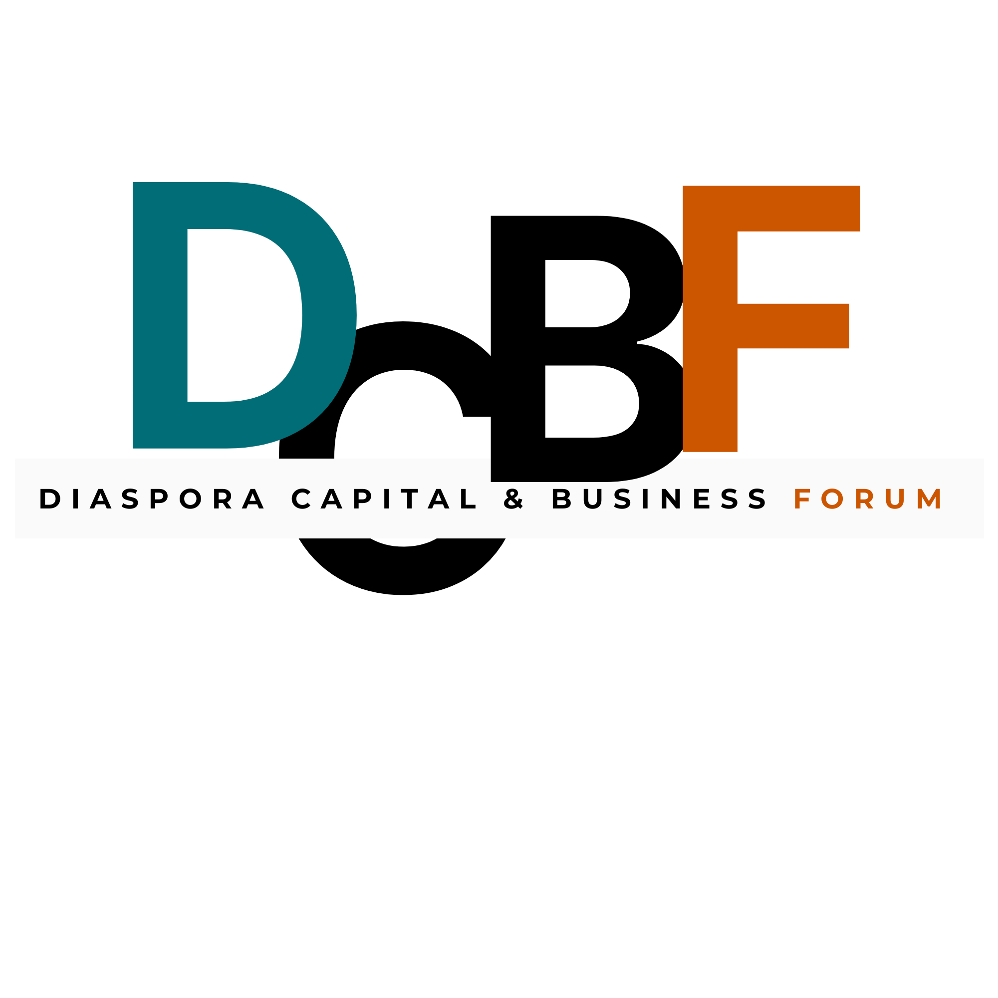 Logo with large overlapping letters D, B, and E in teal, black, and orange, with the words DIASPORA CAPITAl & BUSINESS FORUM below.
