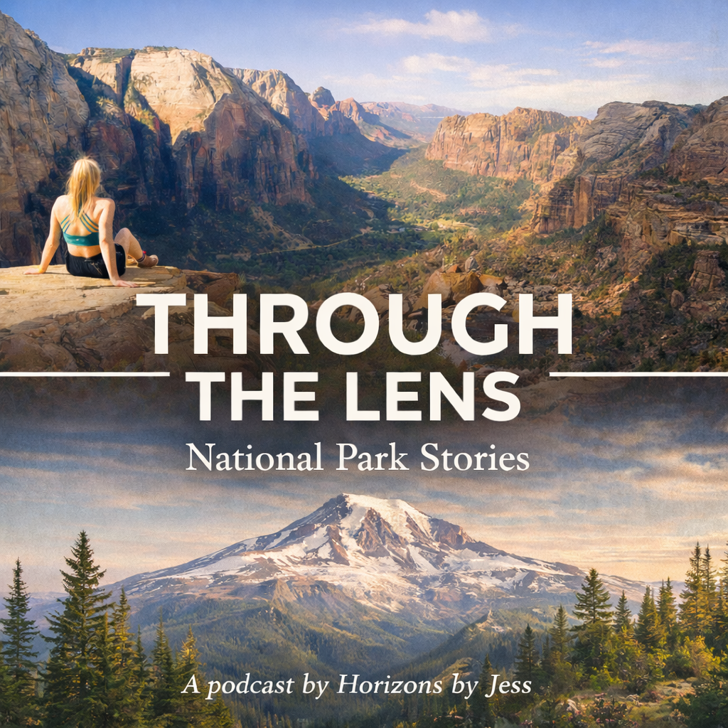A woman with blonde hair wearing a teal top and black shorts sitting on a rocky ledge overlooking a canyon with high cliffs and a valley, with mountains in the background. The lower part of the image shows a snow-capped mountain with coniferous trees in the foreground.
