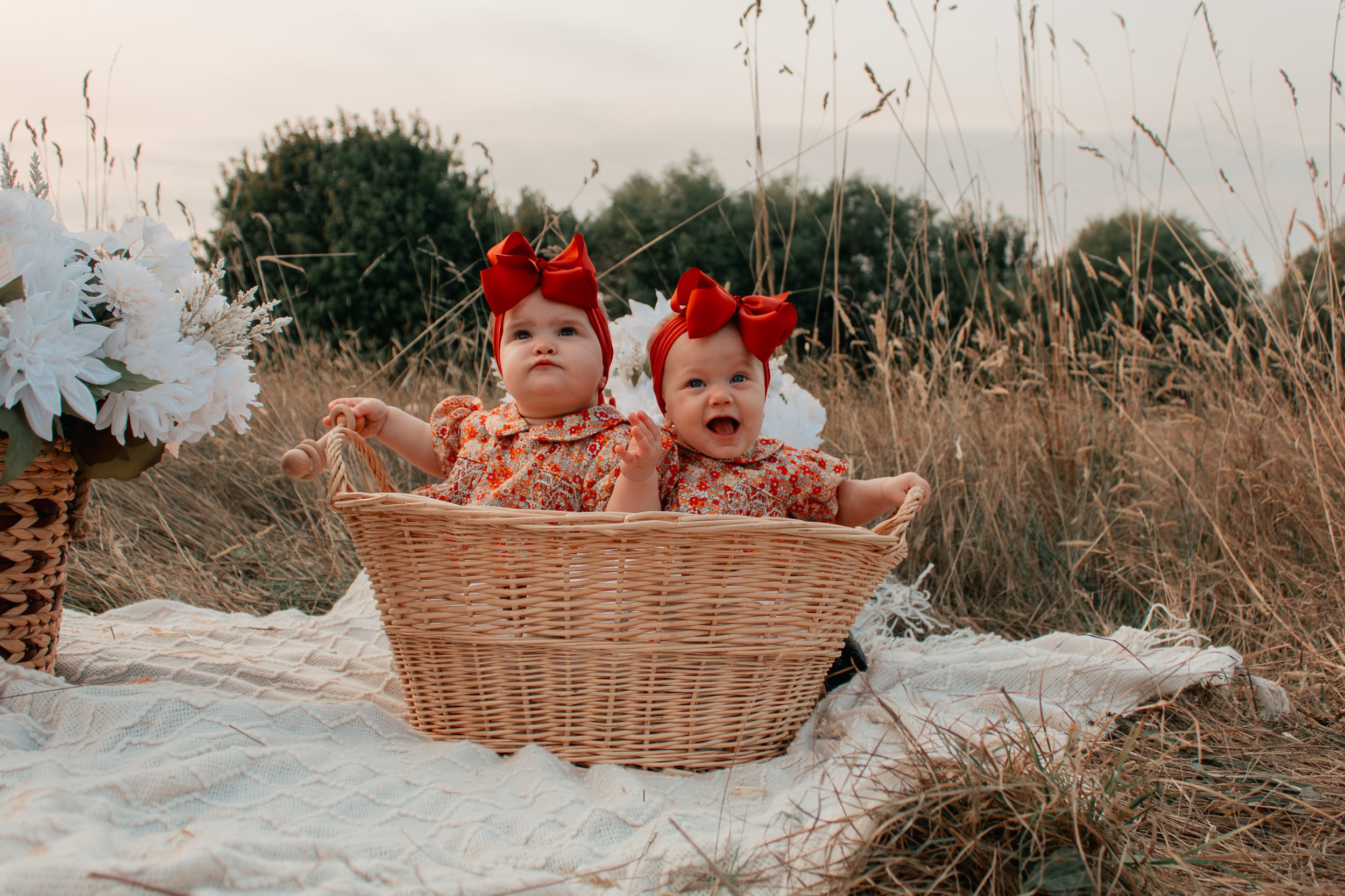 Two infants with red bows in floral dresses sitting in a wicker basket outdoors on a white blanket, surrounded by tall grass and a flower arrangement.
