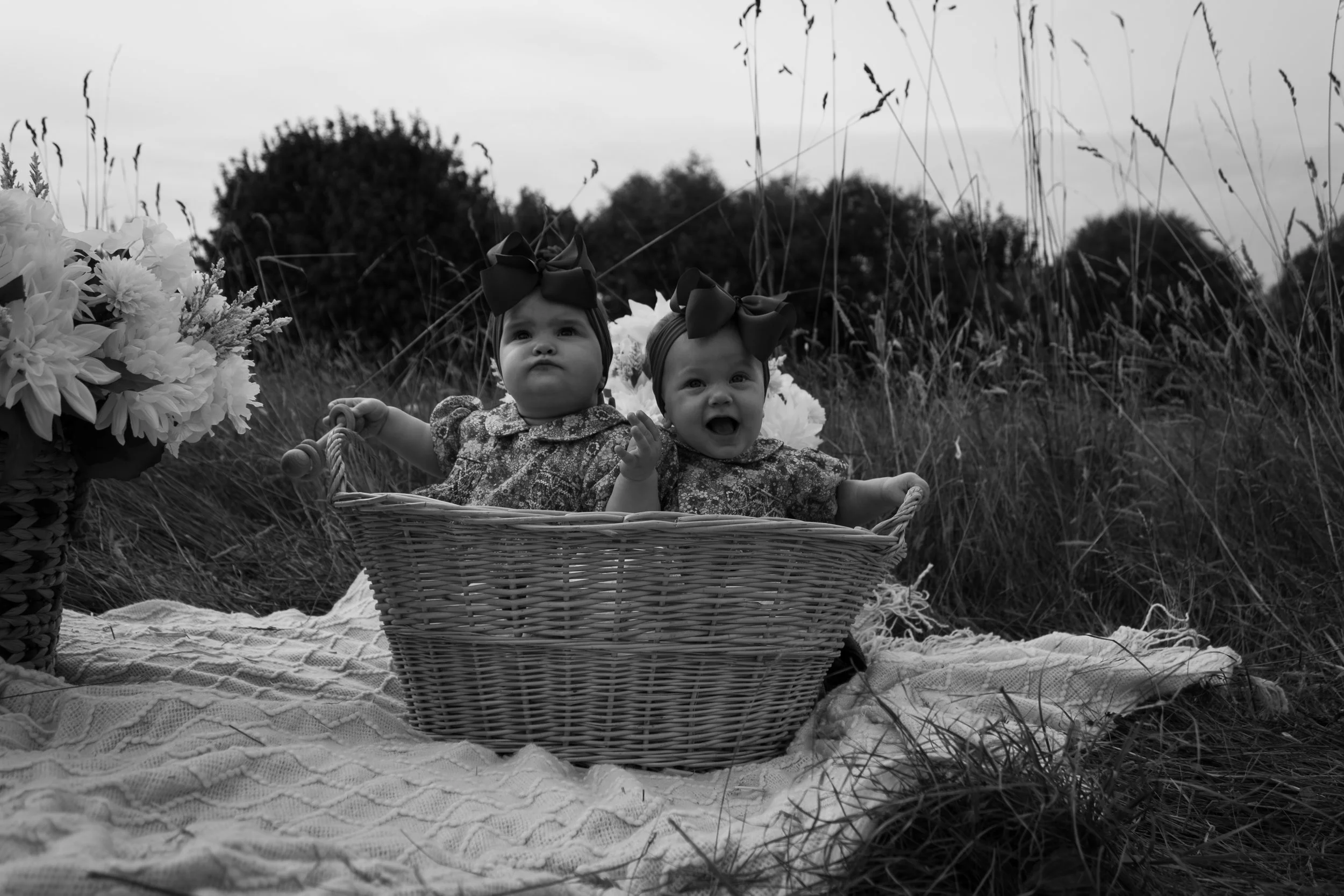 Two babies with bows on their heads sitting in a wicker basket outdoors on a blanket, surrounded by flowers and tall grass.