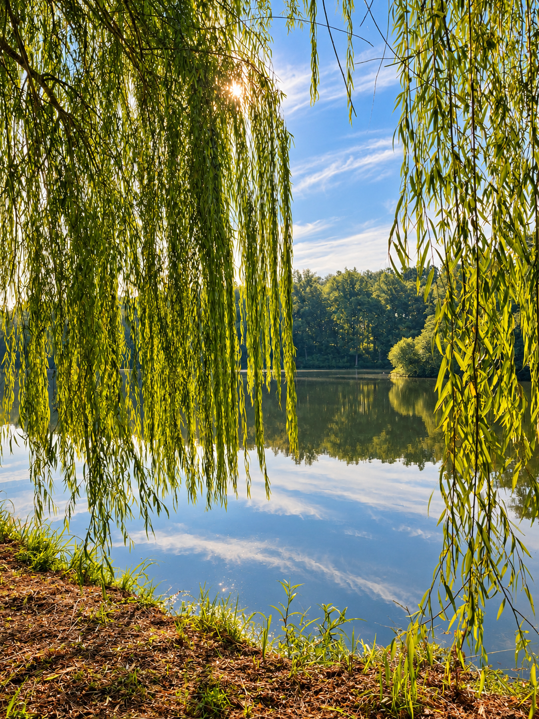 A peaceful scene of a lake surrounded by green trees, with willow branches hanging over the water