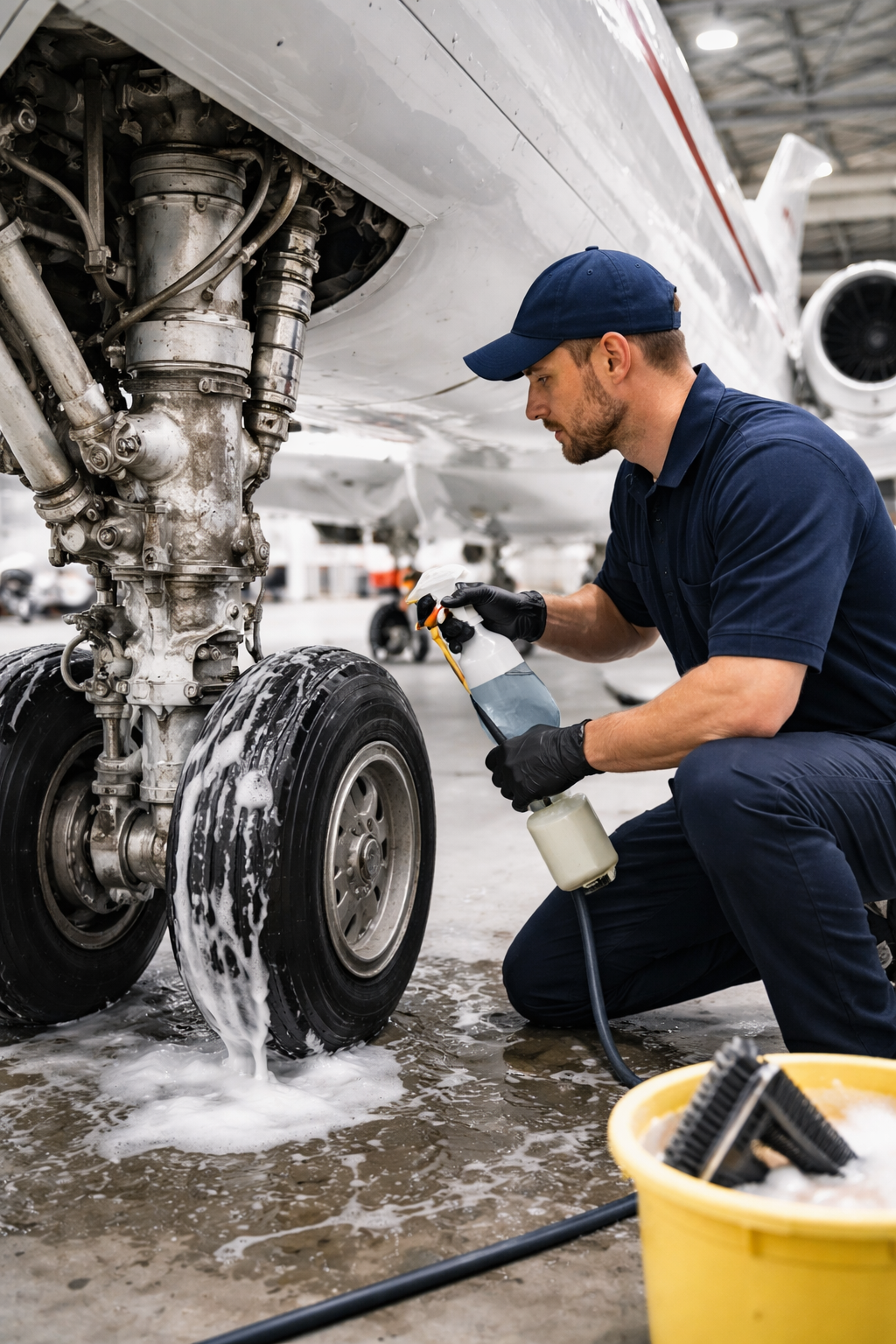 Aircraft landing gear cleaning and degreasing process showing safe exterior detailing of wheels and components in and around Raleigh.