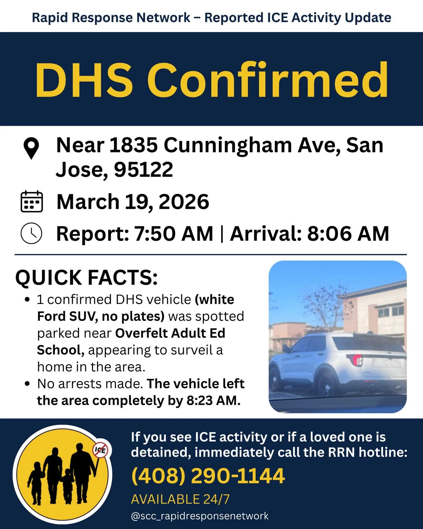 3/19/26 &mdash; Other suspicious vehicles (black dodge charger &amp; black sprinter van) were spotted in the area, too. Please stay alert and call our hotline immediately if spotted in the area again: 408-290-1144. &bull; Otros veh&iacute;culos sospe