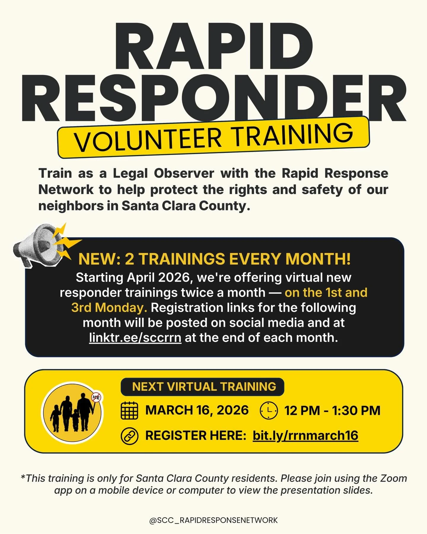 Your neighbors need you! 📢 Train as a legal observer with the Rapid Response Network in Santa Clara County and help protect the rights and safety of our SCC community. Starting April, we&rsquo;re offering 2 trainings every month &mdash; register for