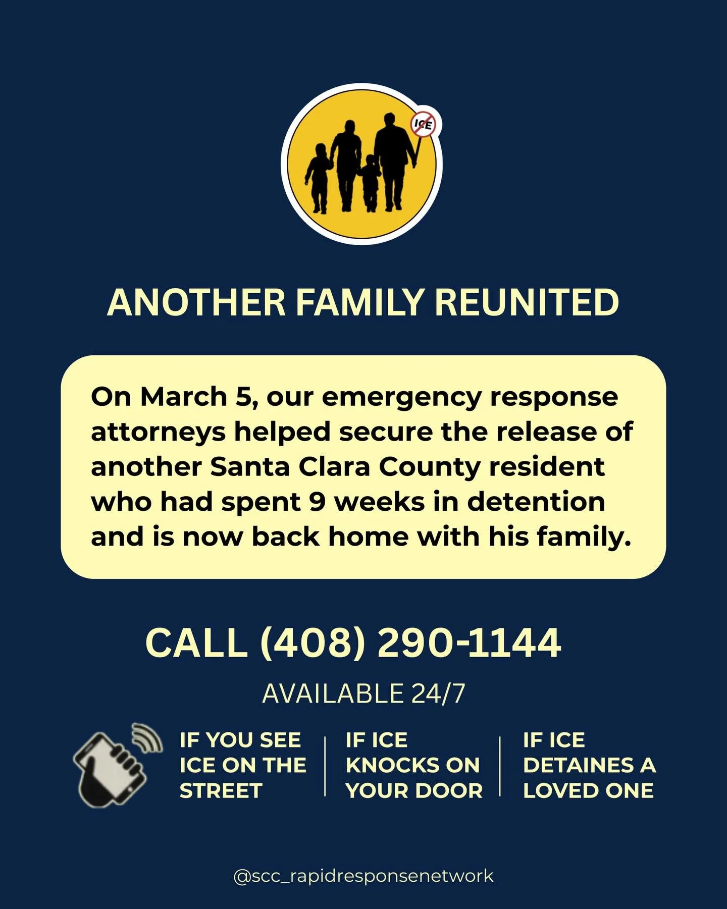 Desliza a la izquierda para espa&ntilde;ol 

SCC Rapid Response Network in action ✊
When someone is detained, the first 72 hours can be critical. The Rapid Response Network in Santa Clara County provides trusted, free legal help when families call ou