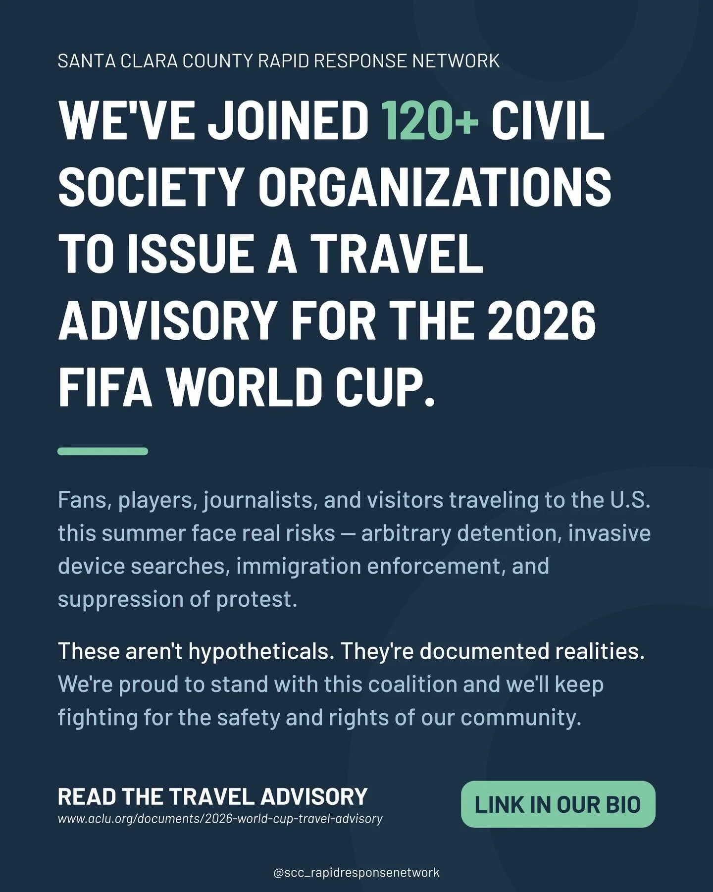 We&rsquo;ve joined 120+ organizations to issue a travel advisory for the 2026 FIFA World Cup. Fans, players, journalists, and visitors traveling to the U.S. this summer face real risks. Read the full advisory &mdash; link in our bio.
&mdash; 
Nos uni