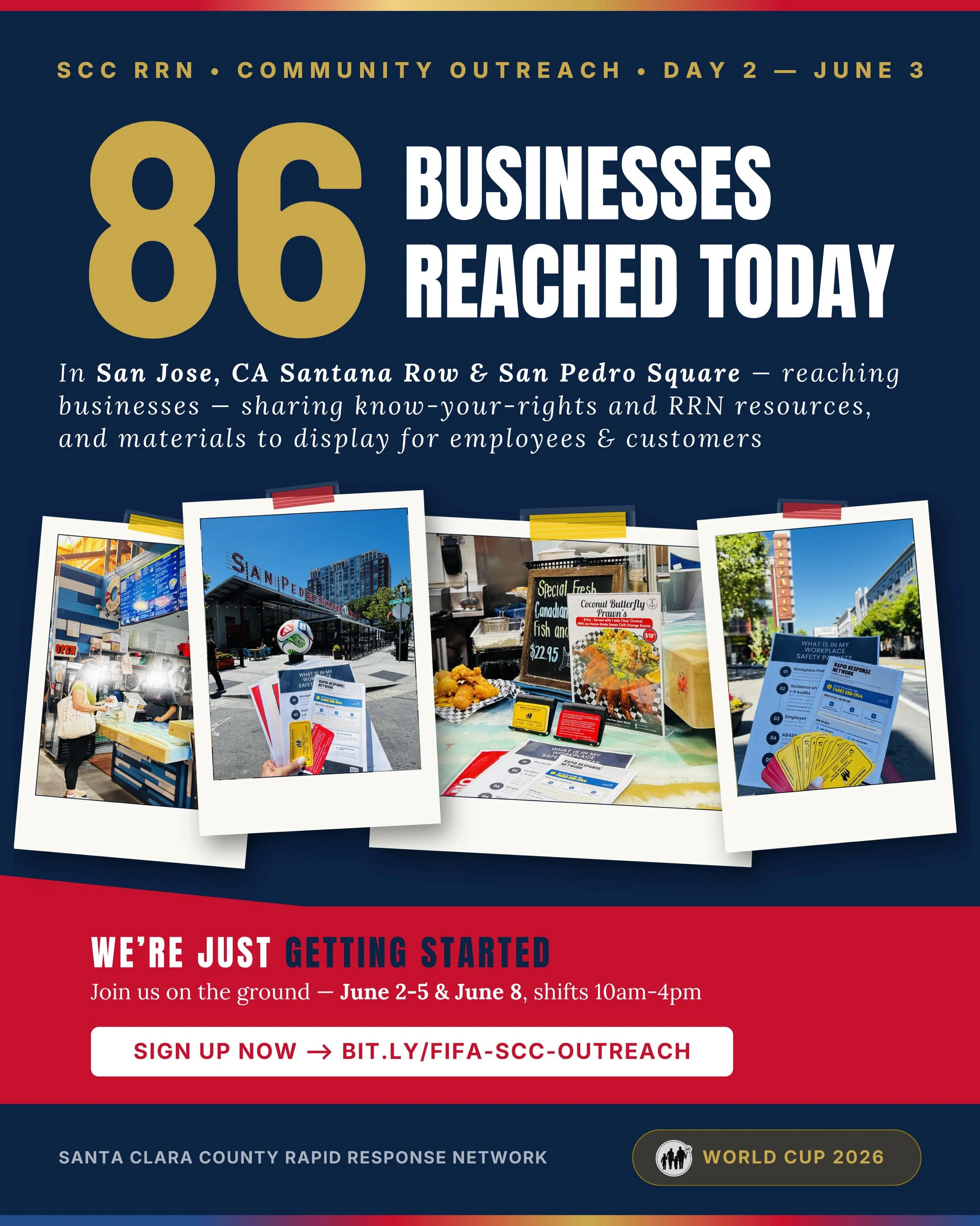 ⚽ Day 2 &mdash; 86 businesses reached.
Across Santana Row &amp; San Pedro Square in San Jose, we shared know-your-rights info and Rapid Response Network resources, plus materials for businesses to keep on hand for their employees and customers. As th