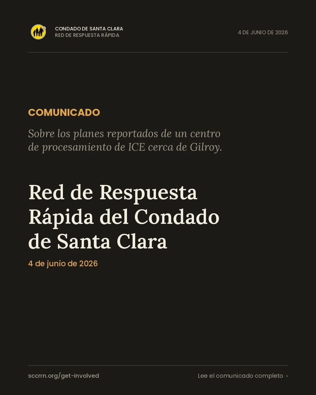 SCC RRN COMUNICADO &bull; 4 de Junio de 2026 sobre los planes de un centro de procesamiento de ICE en Gilroy, CA
