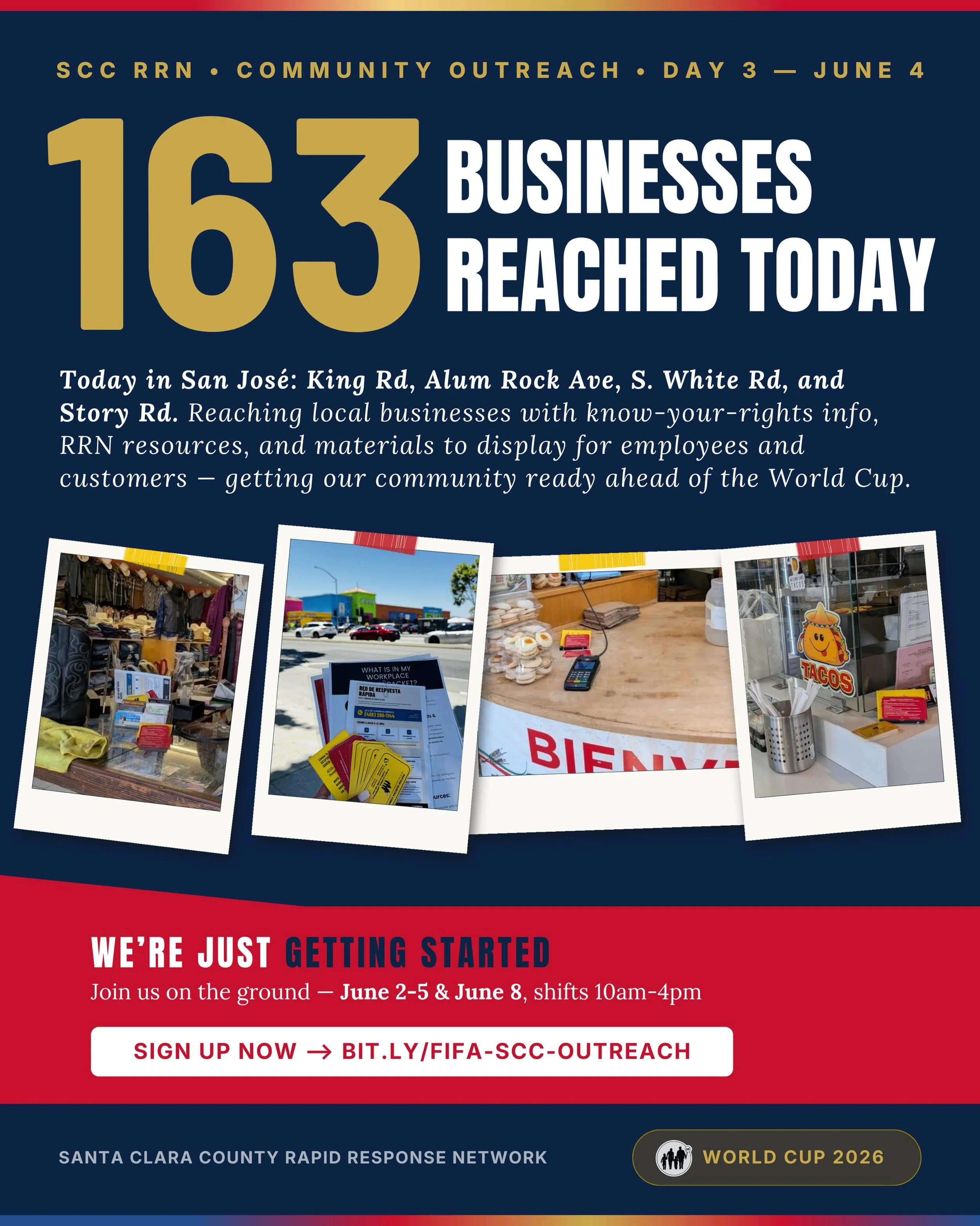 Today in San Jos&eacute;: La Tropicana, Alum Rock Ave, S. White Rd, and Story Rd &mdash; 163 businesses reached and counting. Sharing know-your-rights info, RRN resources, and materials to display for employees and customers, getting our community re