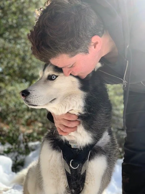 Dog walker kissing a black and white Siberian husky with blue eyes in a snowy outdoor setting — Pack Love Adventures Los Angeles