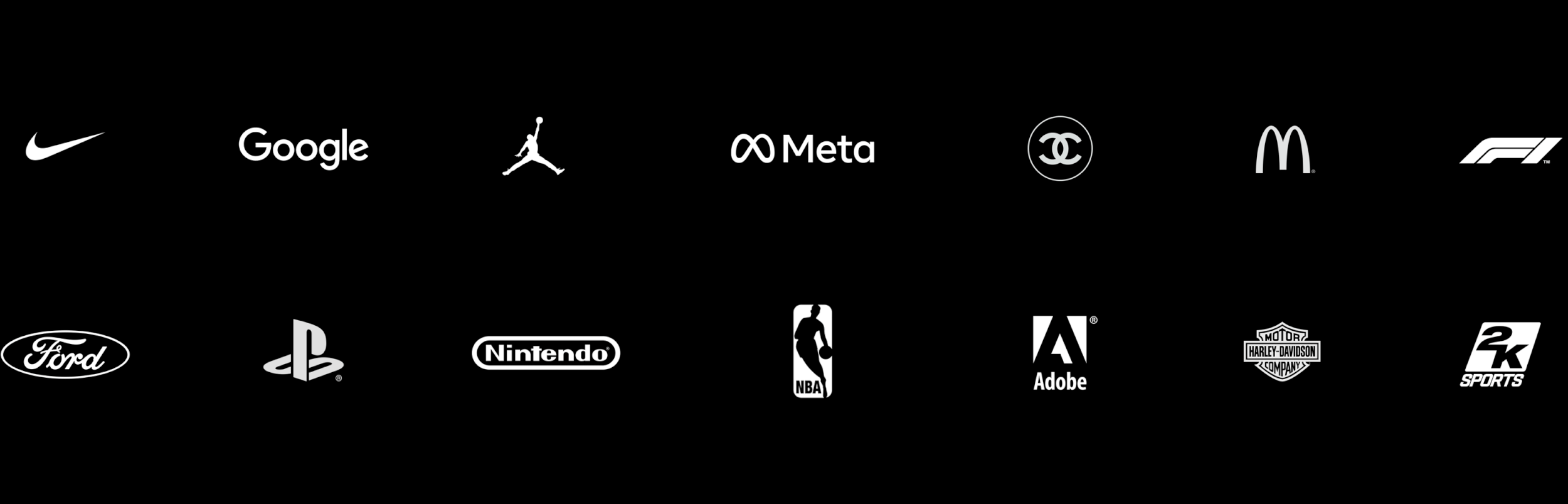 Collection of black and white tech company logos, including Nike, Google, Jumpman, Meta, Chanel, McDonald's, F1, Ford, PlayStation, Nintendo, NBA, Adobe, Harley-Davidson, and 2K Sports.