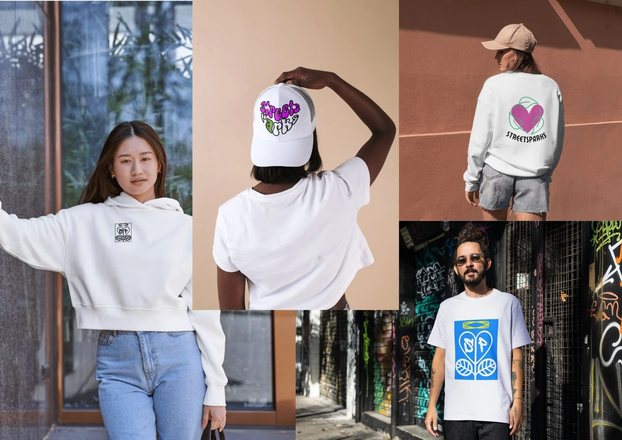 Quatre personnes portent des vêtements, dont deux hommes et deux femmes. Les femmes portent des sweat-shirts avec des designs griffés. Les hommes portent des T-shirts avec des logos graphiques. Les personnes sont dans un environnement urbain, avec des murs en brique ou en béton peint, et des graffitis en arrière-plan.