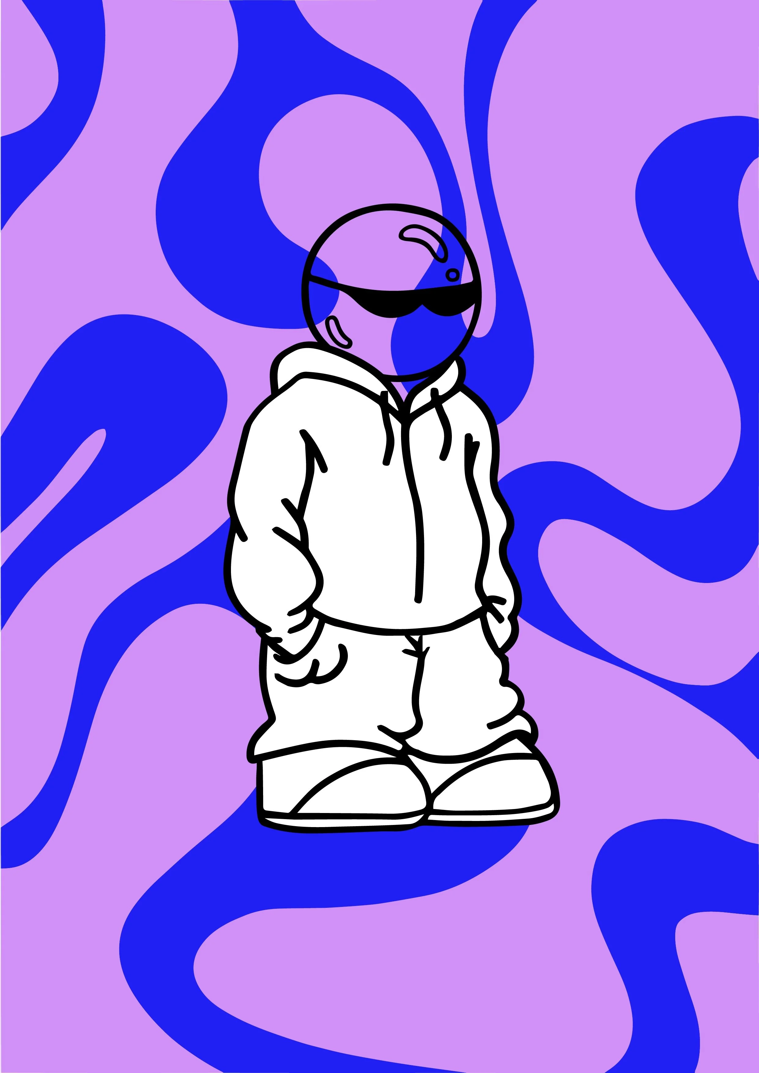 Un dessin minimaliste d'une personne portant des lunettes de soleil noires, et des vêtements amples, sur un fond abstrait violet et bleu avec des formes ondulées.