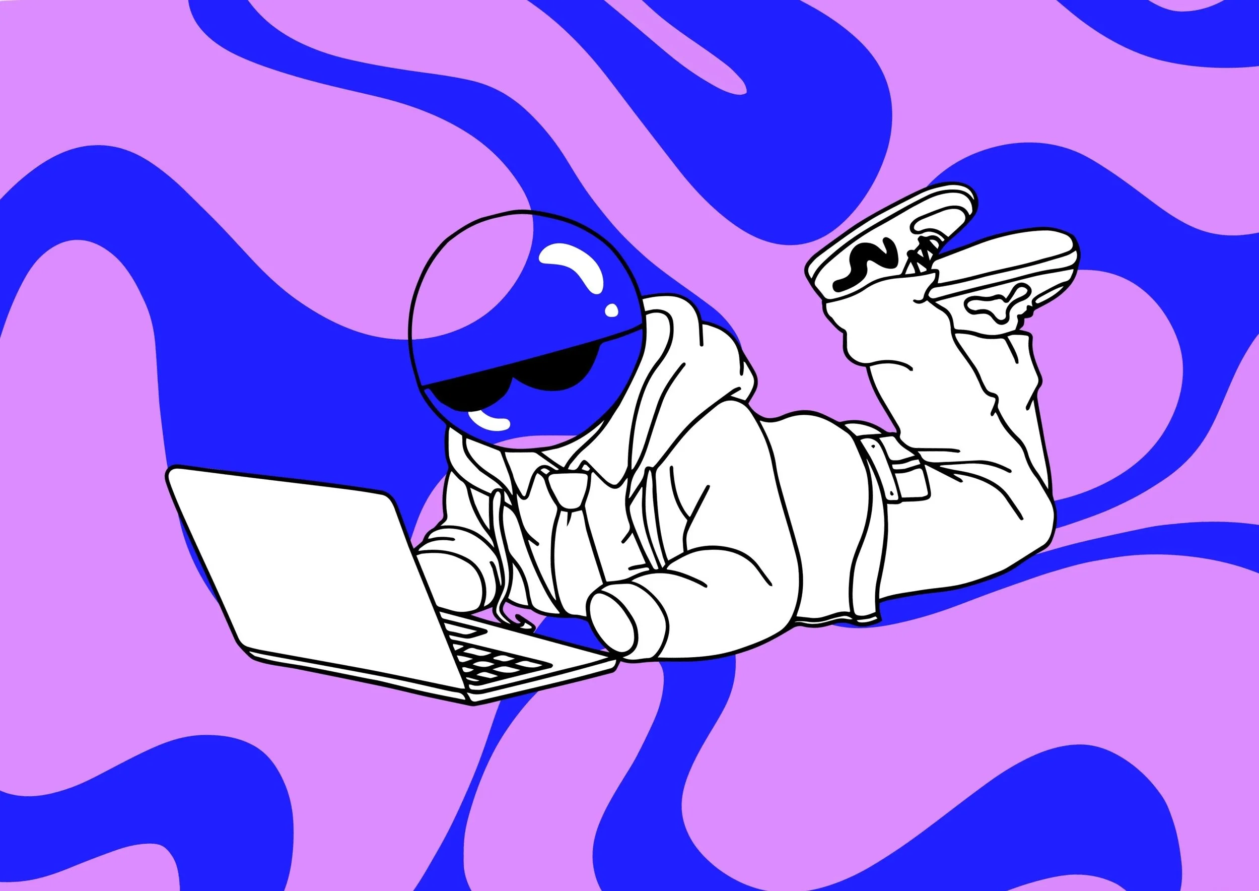 Un personnage avec une tête en forme de tête de balle portant des lunettes de soleil, allongé sur le ventre, utilisant un ordinateur portable, avec un fond violet et bleu
