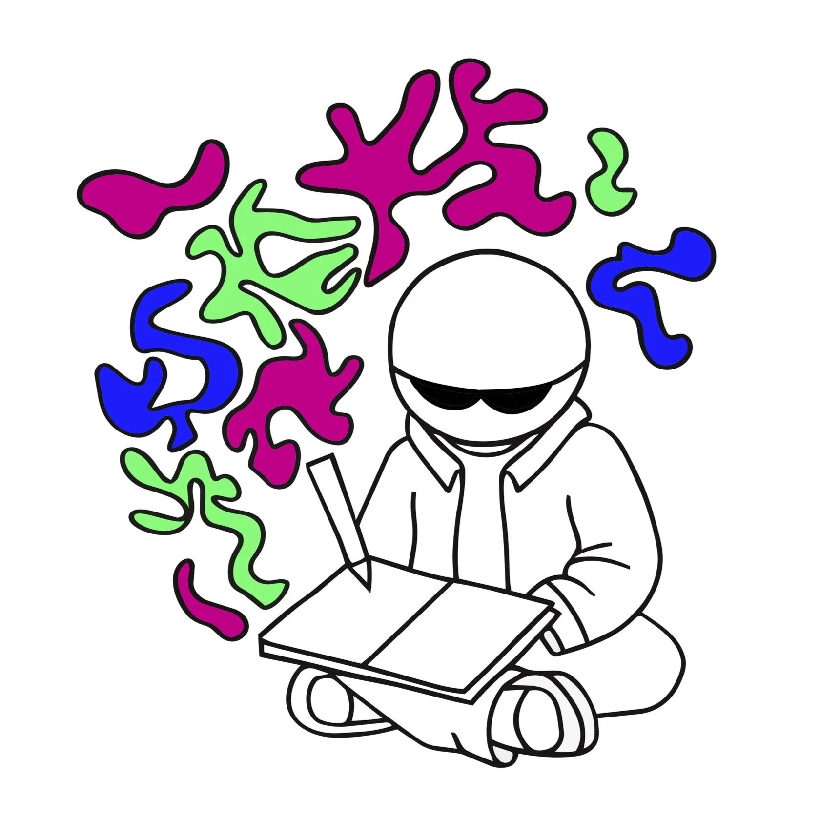A black and white cartoon of a person sitting cross-legged, wearing sunglasses, and reading a book while colorful abstract shapes float around.