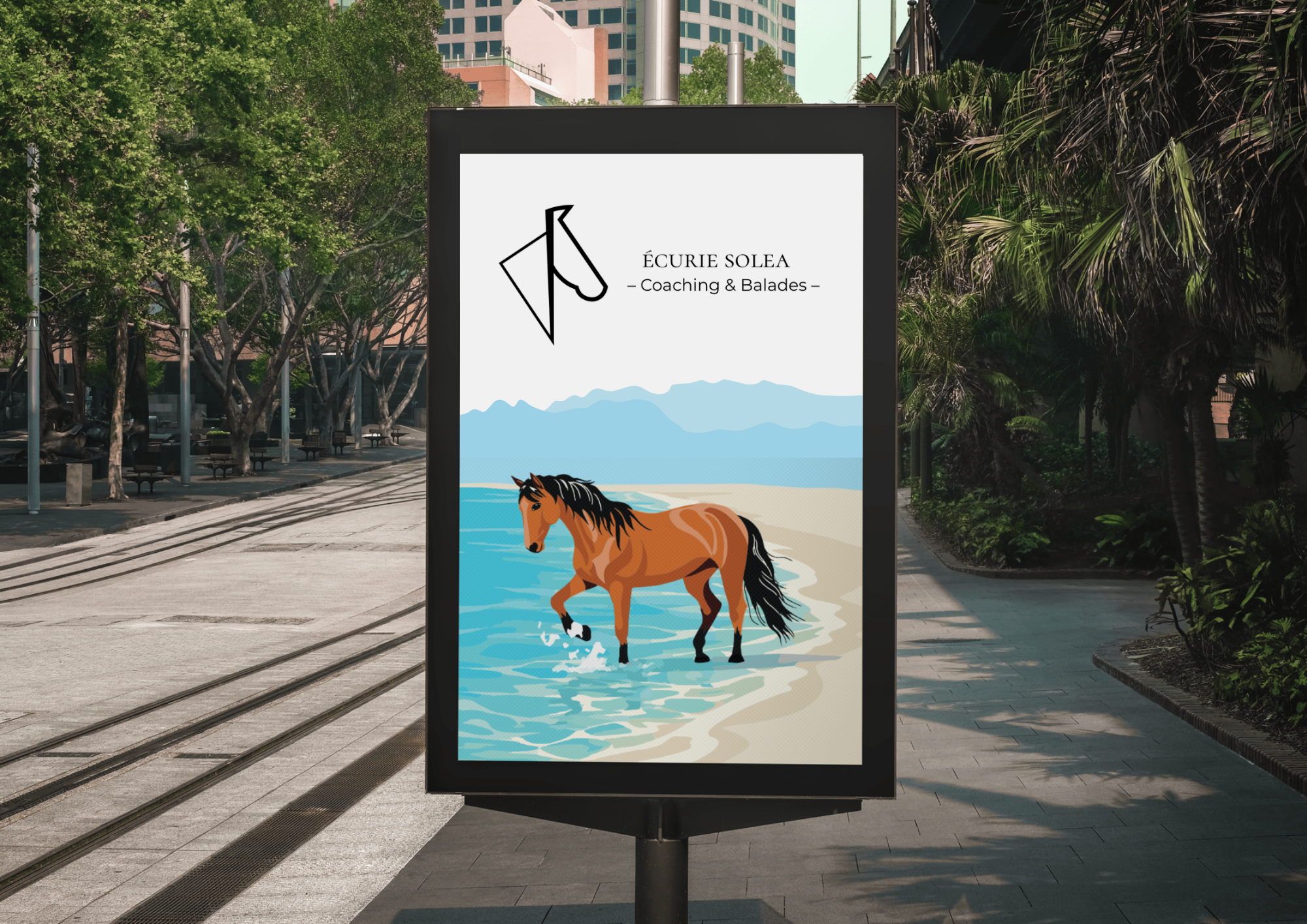 An advertisement on a city sidewalk showing a horse standing in shallow water with a mountain background. The ad features the text 'ÉCURIE SOLEA - Coaching & Balades' and a black geometric logo in the top left corner.