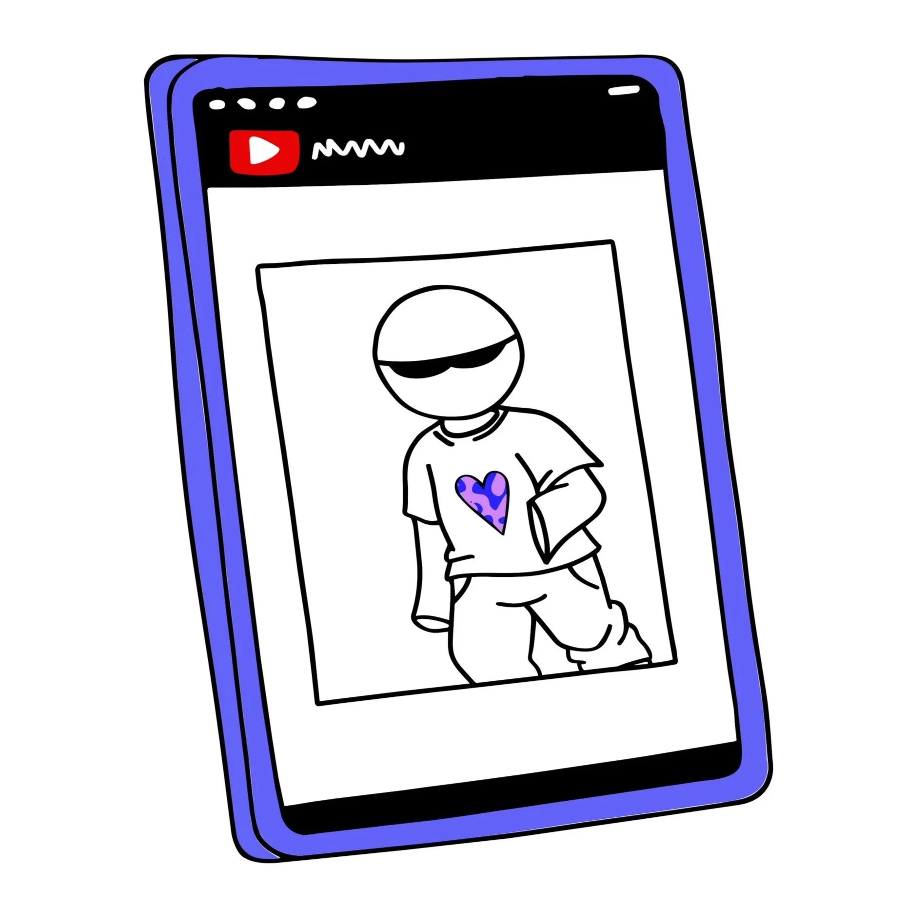 A cartoon drawing of a smartphone with a YouTube video playing. The video shows a stylized figure with a round head wearing sunglasses, a t-shirt with a purple and blue heart, and loose pants, standing with one arm holding a folder.