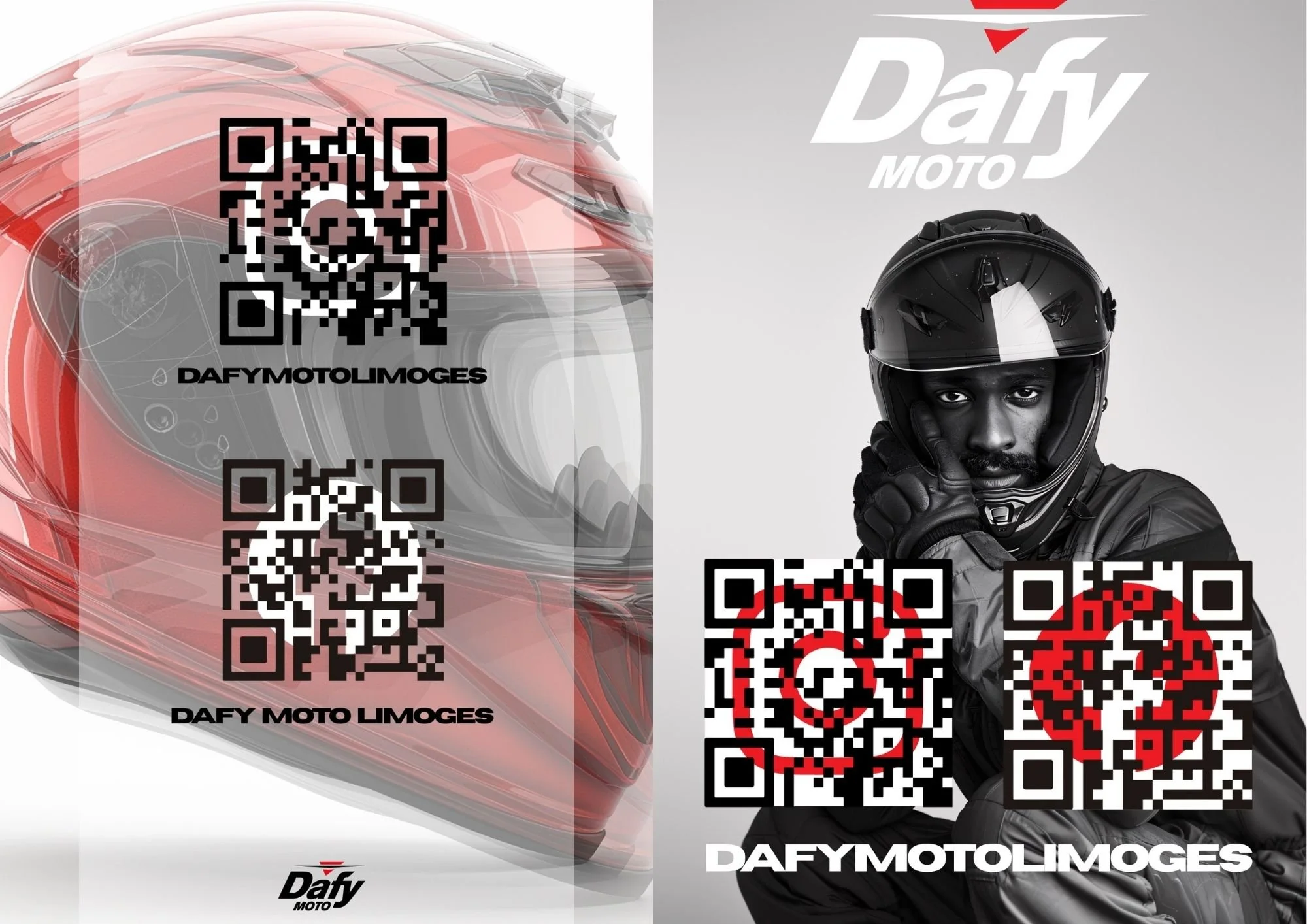 Une publicité pour Dafy Moto Limoges avec un casque de moto noir et un homme portant un casque, et plusieurs QR codes.