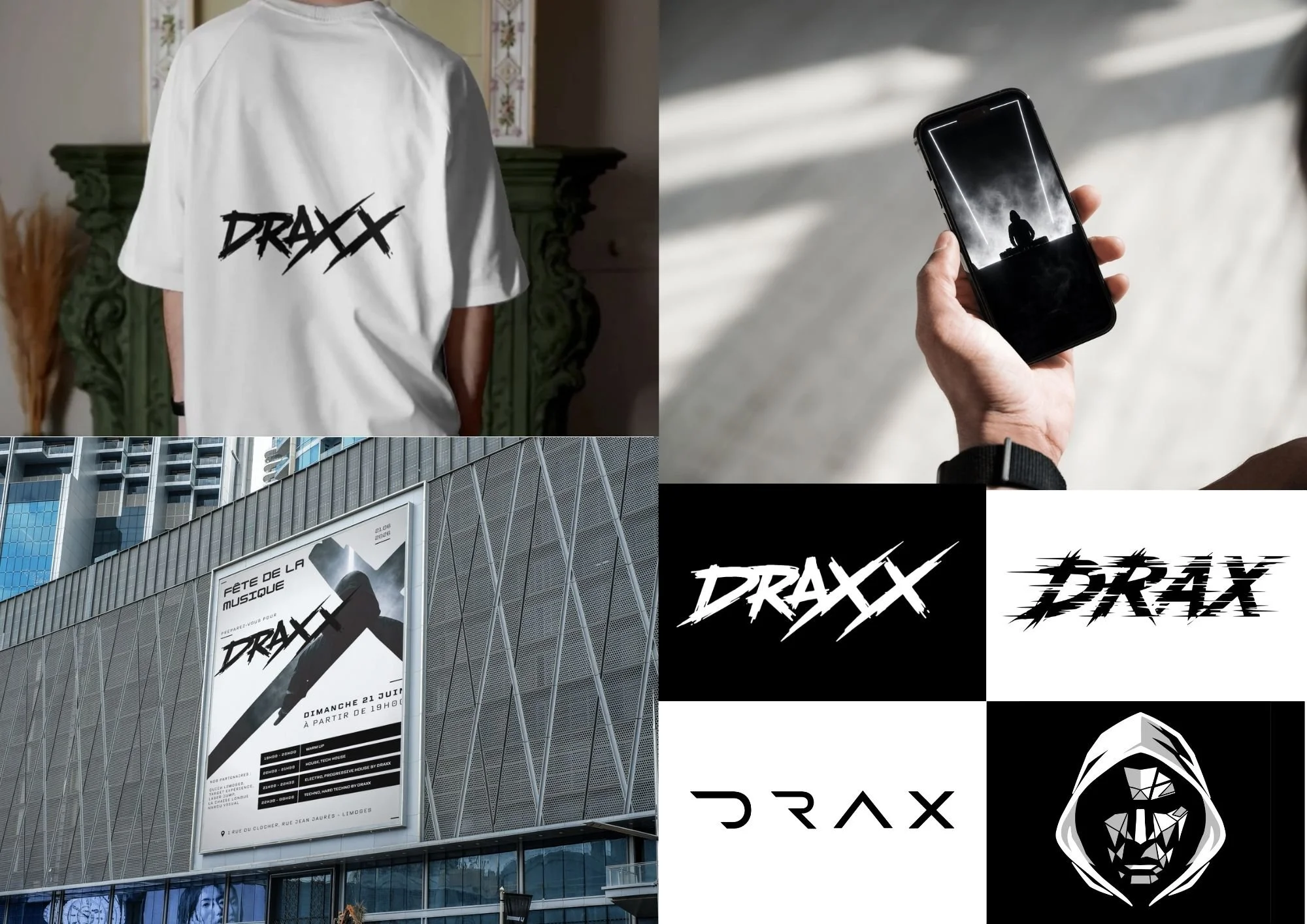Montage d'images montrant des affiches et des logos liés à Draxx dans un environnement urbain. La première affiche annonce un événement musical le 21 juin, et d'autres images présentent des logos stylisés de Drax en noir et blanc.