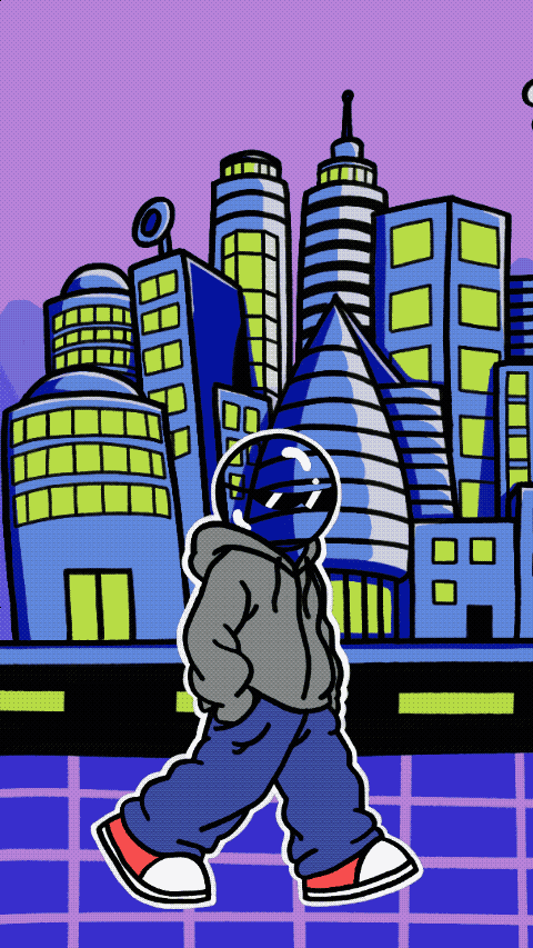 Un personnage habillé d'un sweat à capuche gris et de pantalons amples portant des lunettes de soleil, marchant dans une ville futuriste avec des gratte-ciel modernes et un ciel violet.