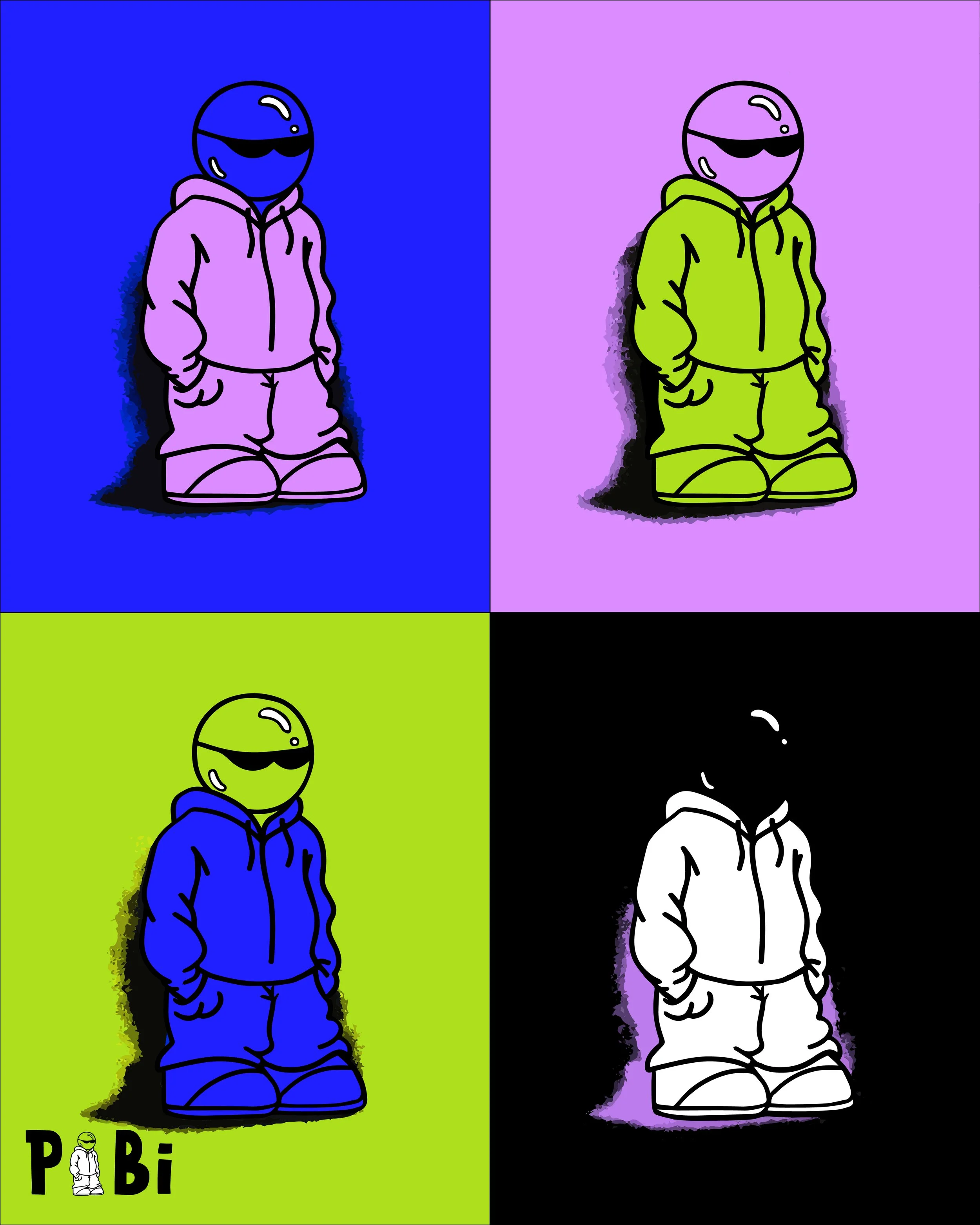 Une illustration en style pop art d'un personnage portant un sweat à capuche, avec différentes variations de couleurs en arrière-plan : bleu, violet, vert et noir. Le texte 'PiBi' est situé en bas à gauche.