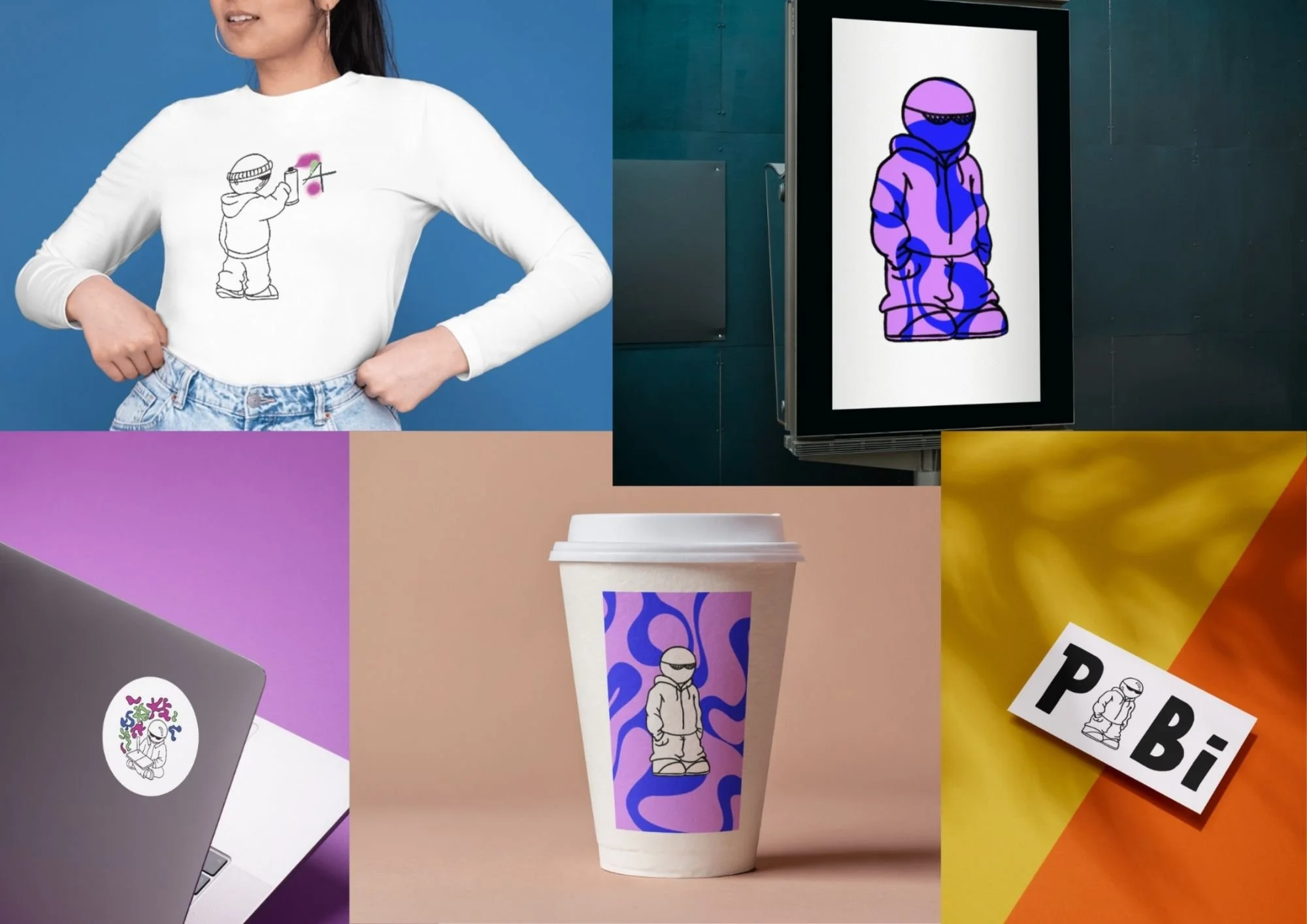 Une femme portant un t-shirt blanc avec un dessin d'une personne portant un masque et des lunettes, tenant un spray de peinture, devant un fond bleu. À droite, une affiche numérique montre un personnage stylisé, peut-être une version d'un même dessin, habillé comme un rappeur ou un skateur, en violet et bleu. Il y a aussi une tasse à café avec un design similaire, un ordinateur portable, et des stickers ou affiches avec le même personnage stylisé.
