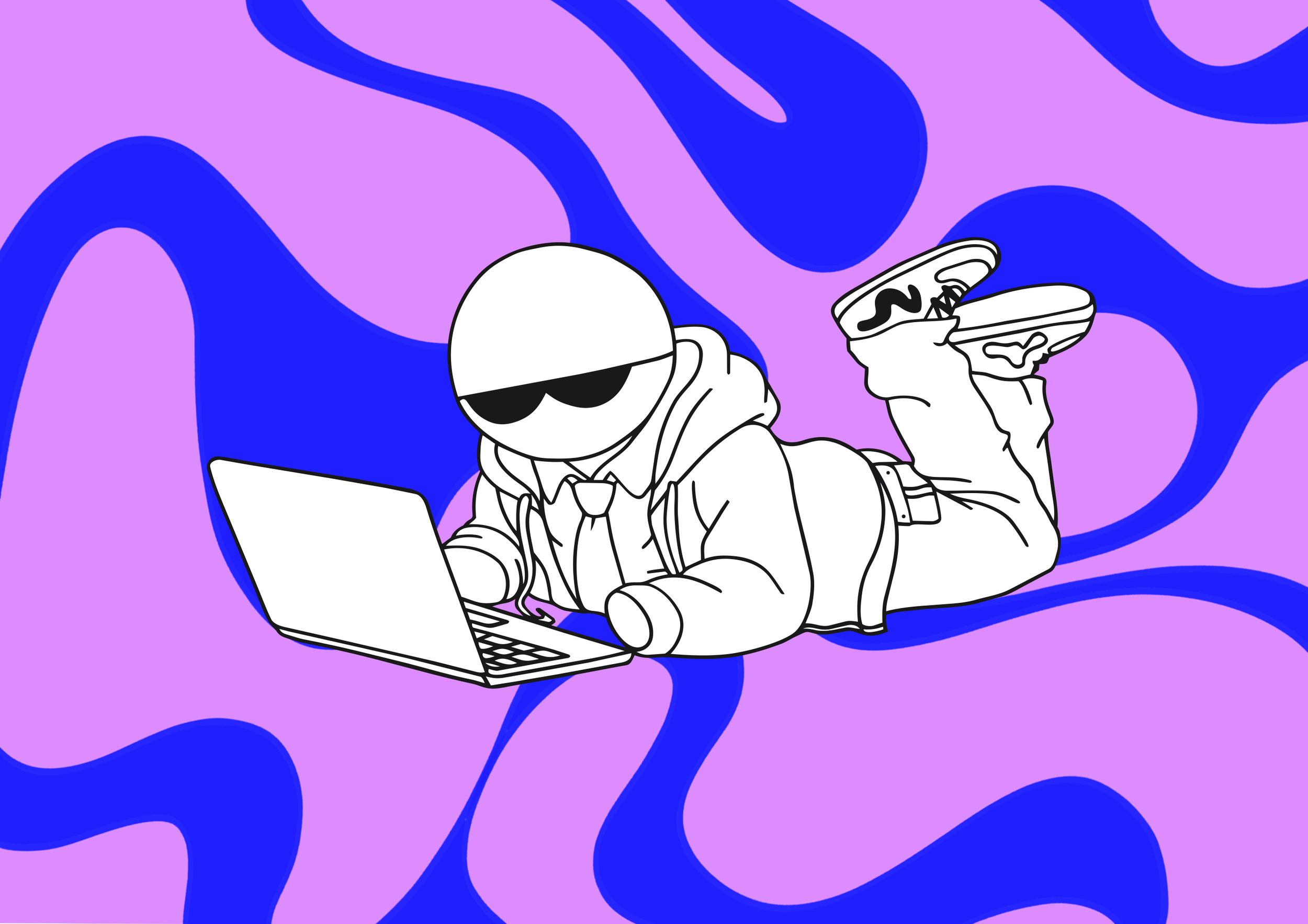 Personnage cartoon allongé sur le ventre avec un ordinateur portable, portant un sweat à capuche, un nœud papillon, des chaussures de sport, avec un fond abstrait violet et bleu.