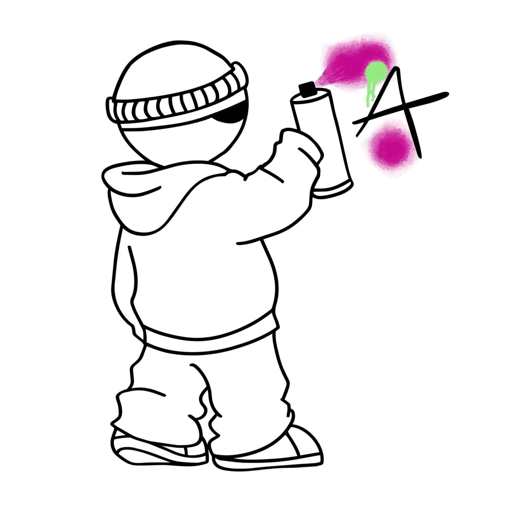 A black-and-white line drawing of a person wearing a hoodie, wide pants, and a beanie with an eye patch, holding a spray paint can. The person is spray painting graffiti with pink, green, and purple colors, including a letter 'A' and some abstract shapes.