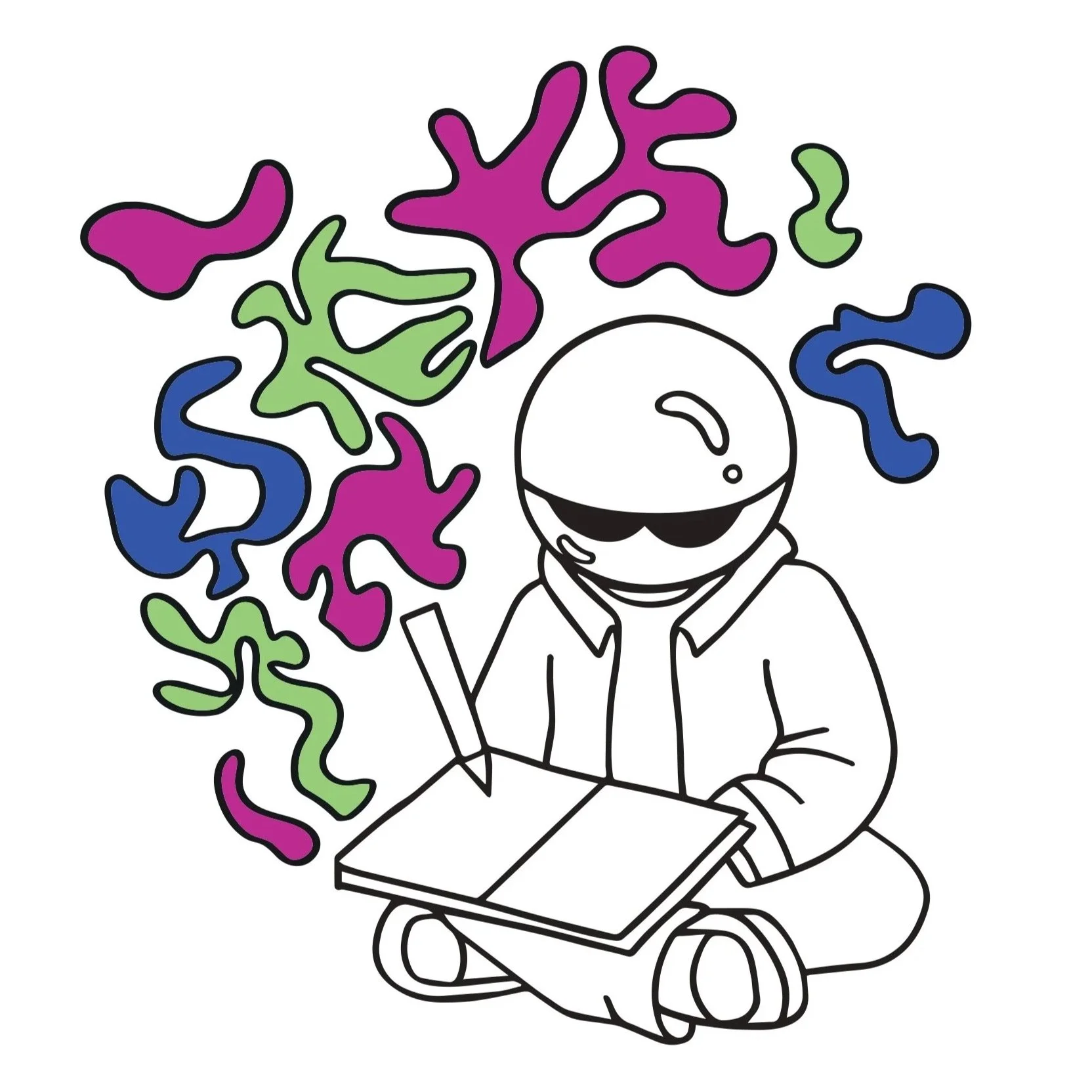 Une illustration en noir et blanc d'une personne avec un casque portant des lunettes de soleil, assise en tailleur, écrivant dans un carnet avec un stylo, entourée de formes colorées abstraites en violet, vert et bleu.