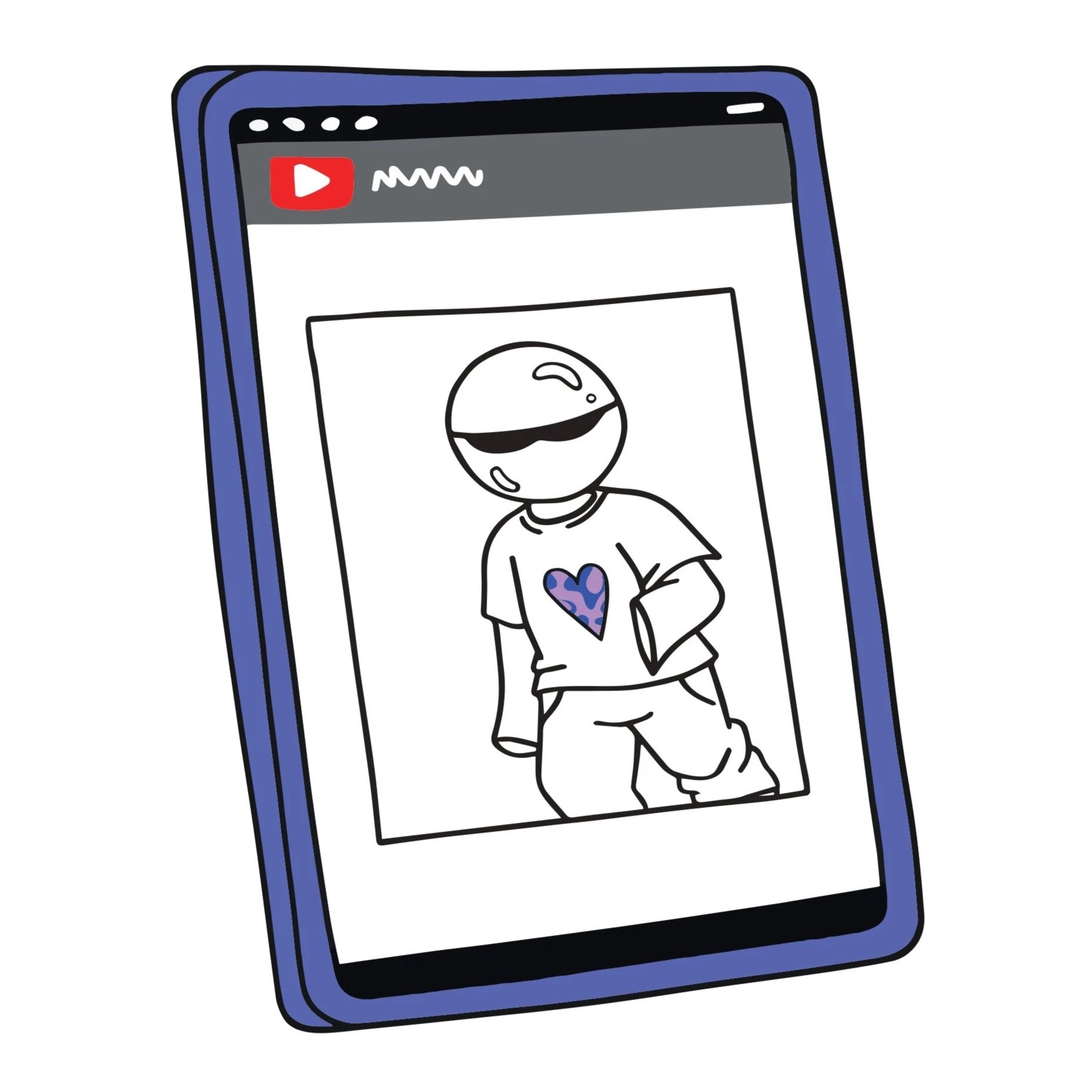 Illustration d'un téléphone portable affichant une photo d'une personne portant un t-shirt avec un cœur violet à motifs. La personne porte un casque ou une visière sombre et détient un sac à l'épaule.