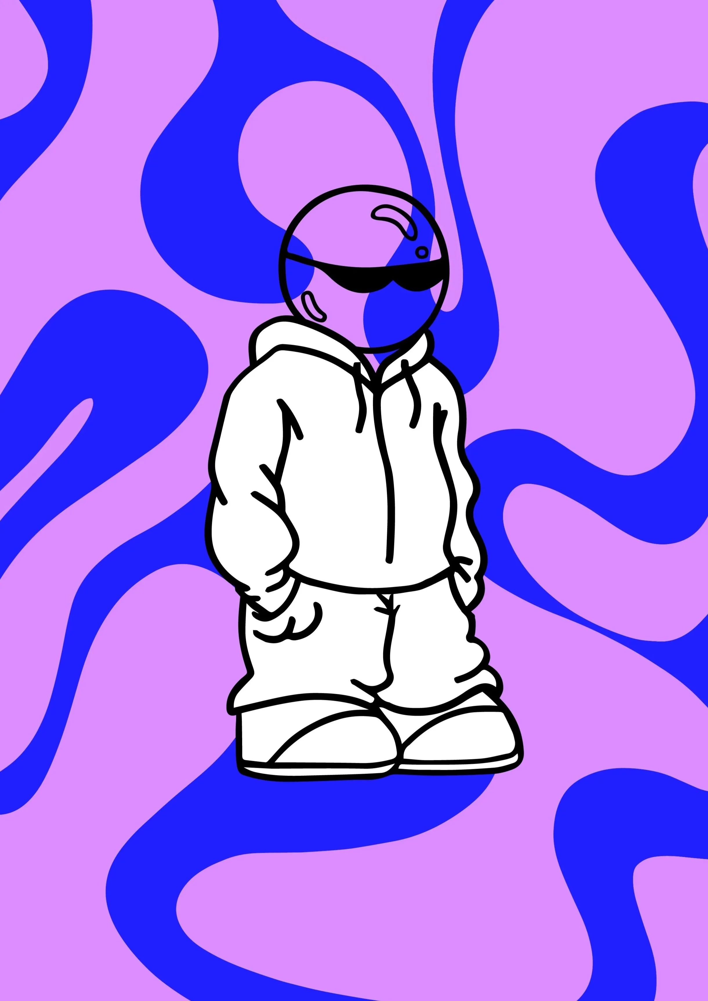 Illustration d’un personnage stylisé en noir et blanc portant une veste à capuche et un pantalon large, avec un fond abstrait violet et bleu.