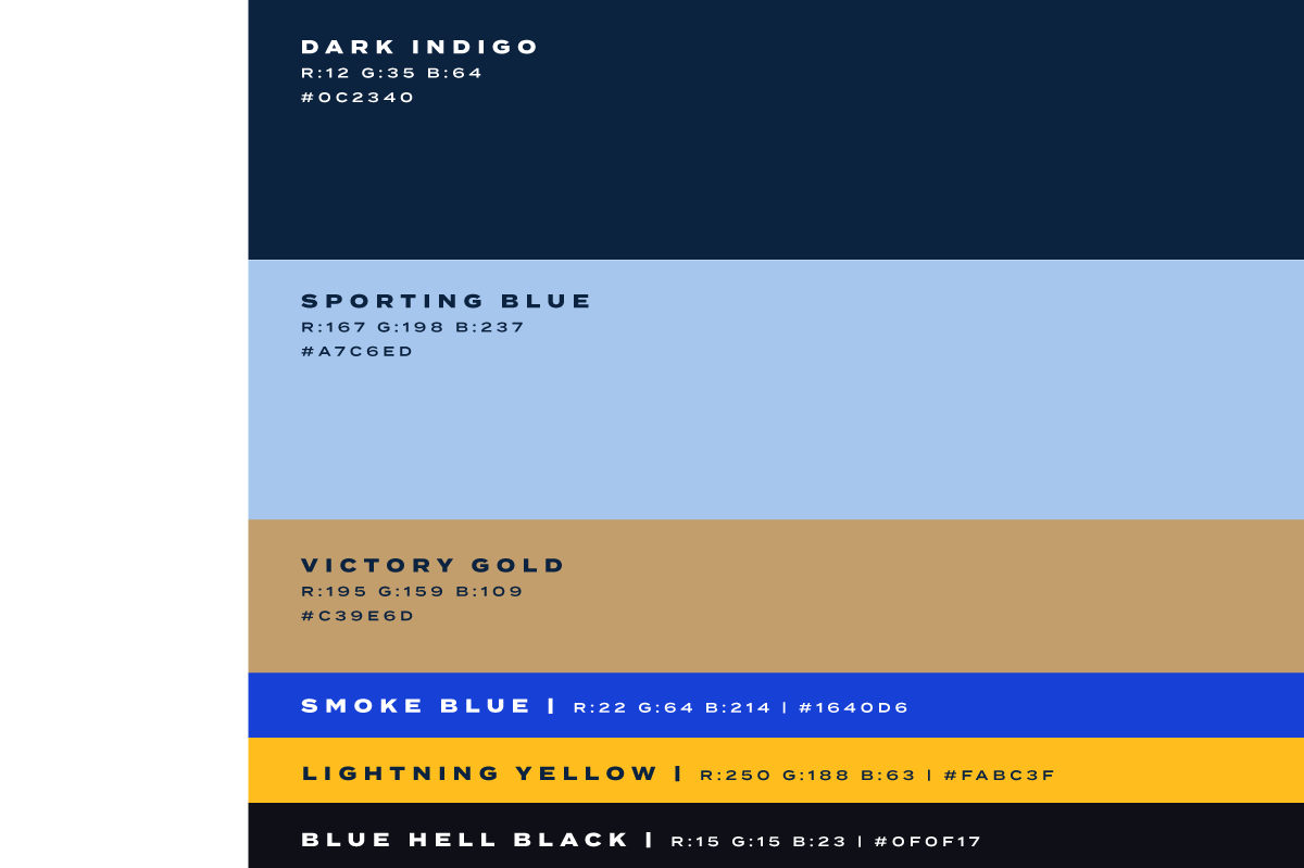 Sporting Kansas City Color Palette featuring Dark Indigo, Sporting Blue, Victory Gold, Smoke Blue, Lightning Yellow, and Blue Hell Black