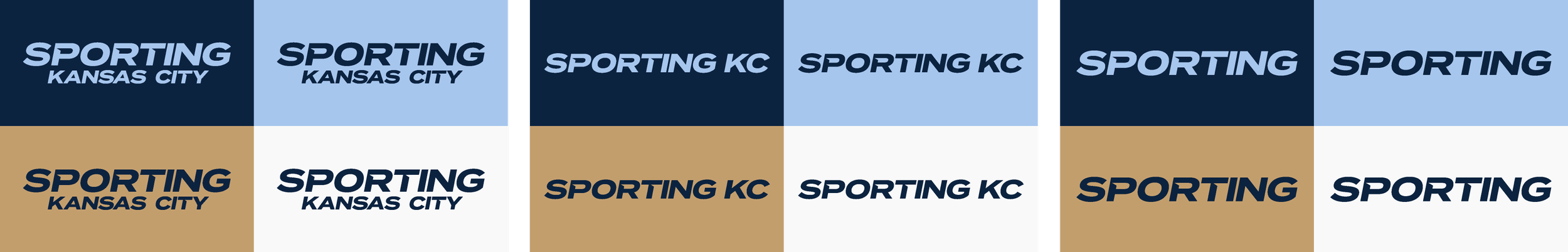 Sporting Kansas City wordmarks featuring in full color and one color on Dark Indigo, Sporting Blue, Victory Gold, and White
