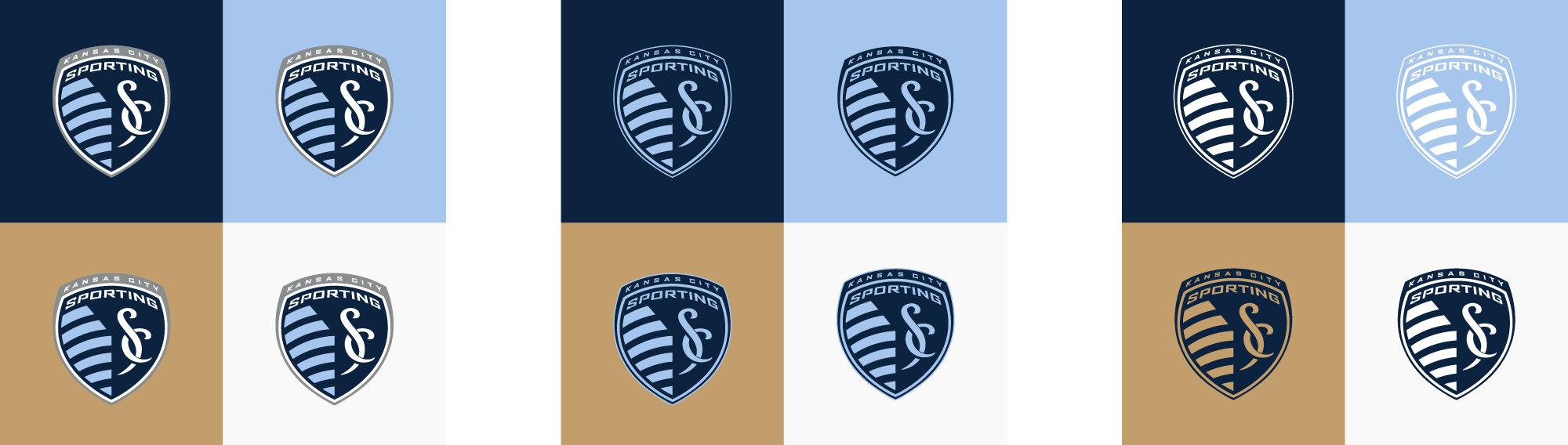 Sporting Kansas City logos featuring in full color and one color on Dark Indigo, Sporting Blue, Victory Gold, and White