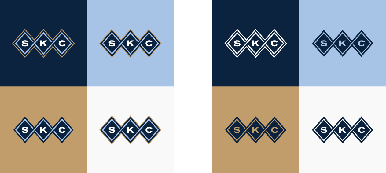 Sporting Kansas City secondary logos featuring in full color and one color on Dark Indigo, Sporting Blue, Victory Gold, and White