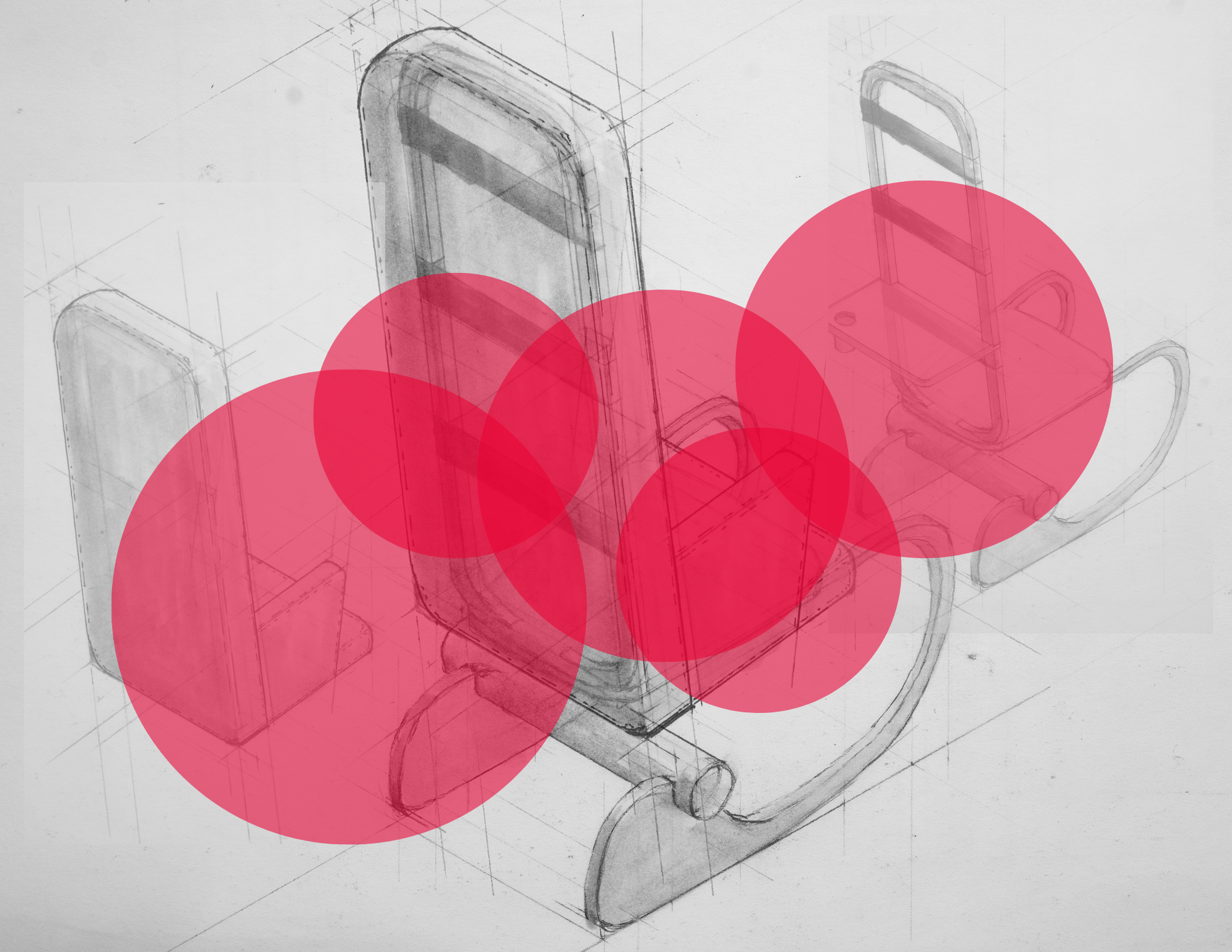 A sketch drawing of chair with pink circles over it