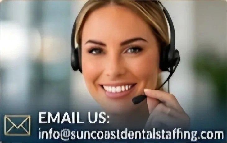 A smiling woman wearing a headset with a microphone, promoting email contact for a dental staffing company.