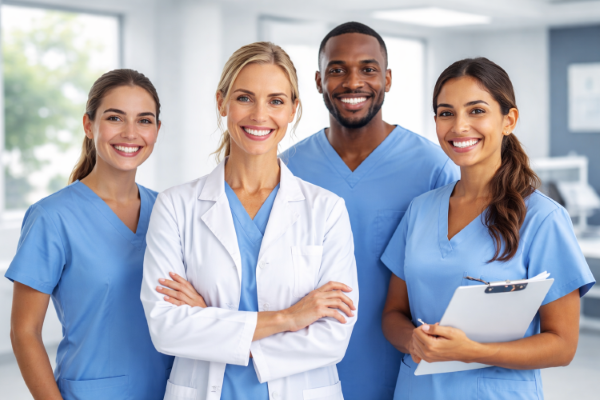 Four healthcare professionals, three women and one man, wearing blue scrubs and a white lab coat, standing in a medical facility with bright windows.