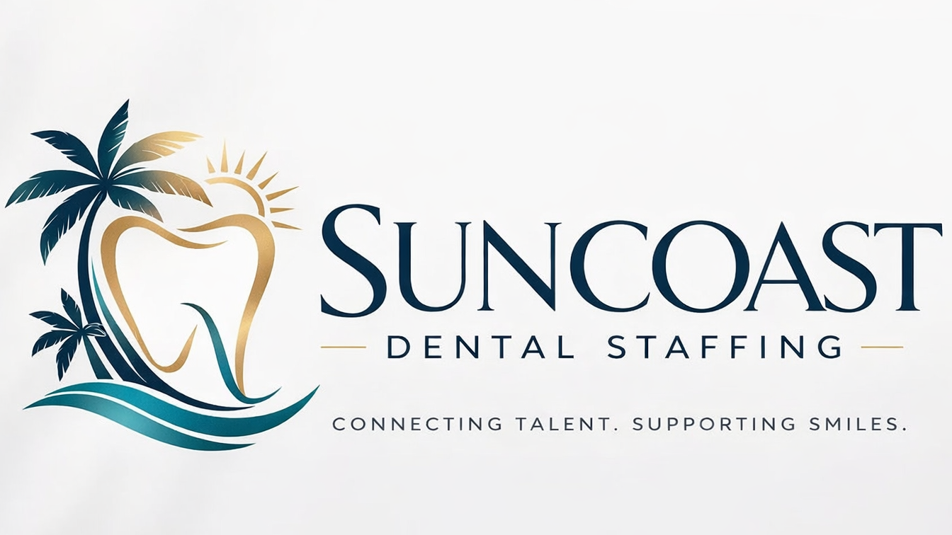 Logo for Suncost Dental Staffing featuring a palm tree, a stylized tooth, a sun and waves with the tagline "Connecting talent. Supporting smiles."