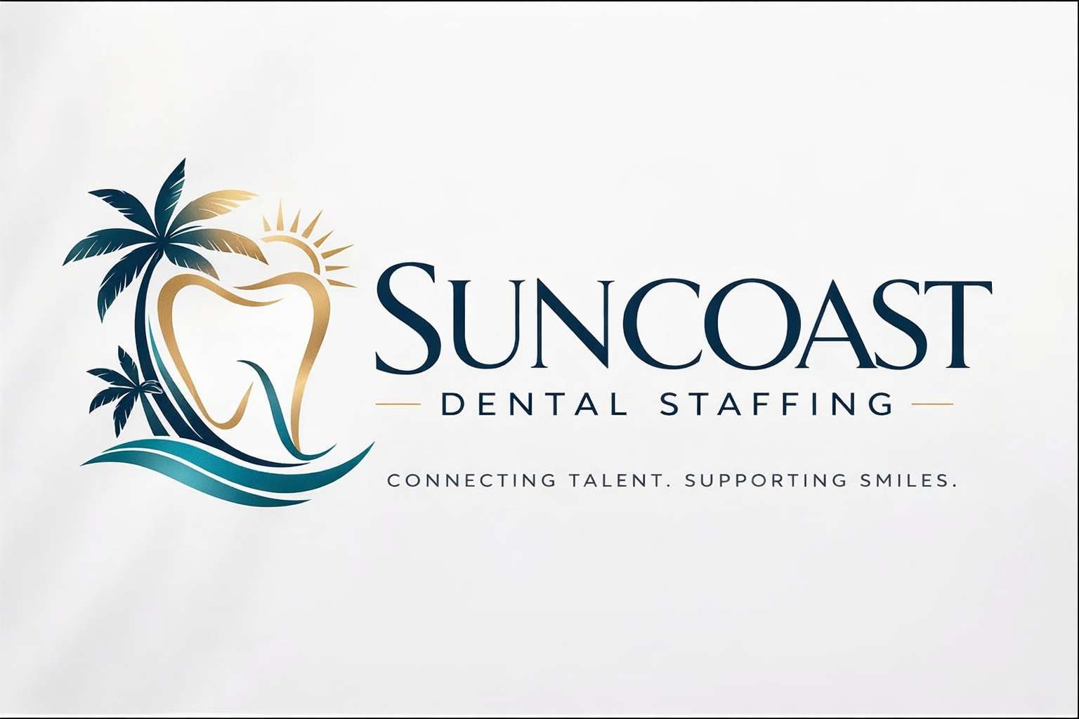 Logo for Suncoast Dental Staffing with a stylized tooth, palm trees, sun, and ocean waves, and the tagline 'Connecting Talent. Supporting Smiles.'