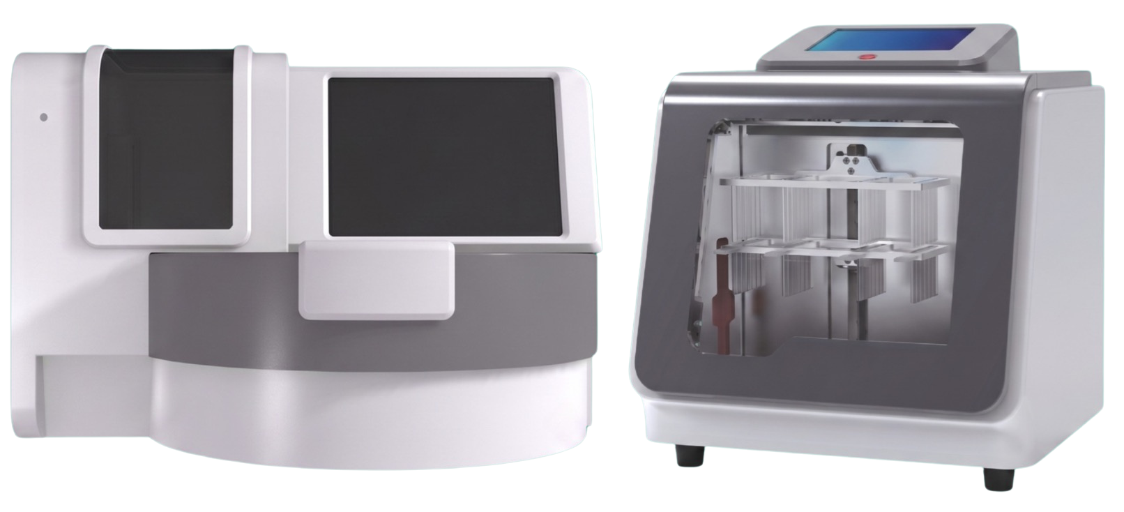 A medical laboratory analyzer with two separate units, one with a digital touchscreen on top and an open compartment revealing internal tools, likely used for diagnostic testing.