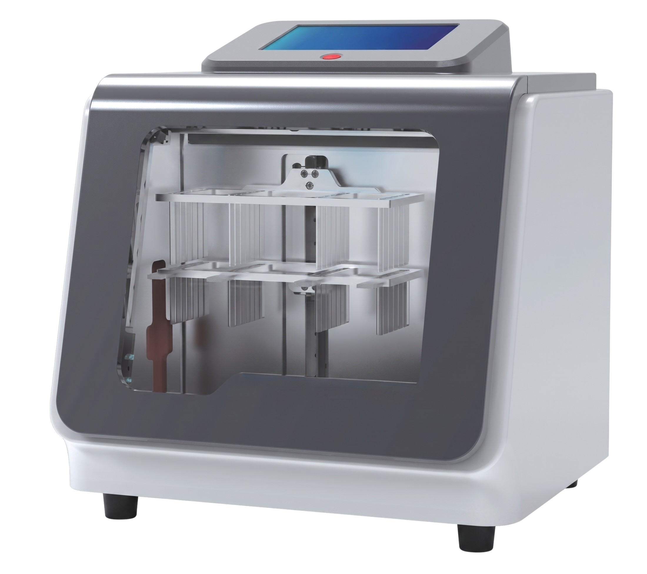 A modern laboratory 3D printer or similar machine with a touchscreen display on top and a metallic exterior, open to reveal an empty print bed inside.