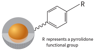 Diagram of a chemical structure with a sphere representing a nanoparticle attached to a benzene ring with a pyrrolidine functional group labeled as R