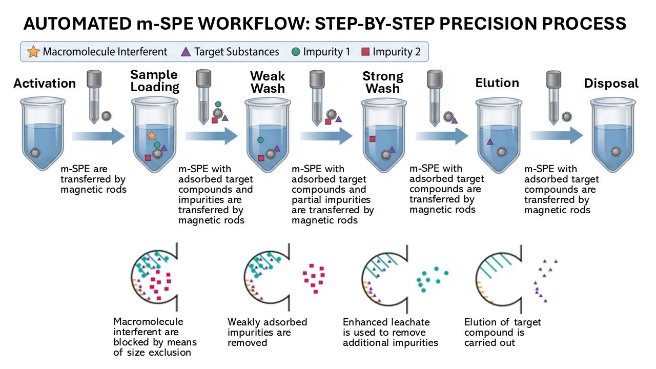 A step-by-step diagram of an automated m-SPE workflow, showing steps from activation, sample loading, weak wash, strong wash, elution, to disposal, with illustrations of magnetic rods transferring target substances and impurities.
