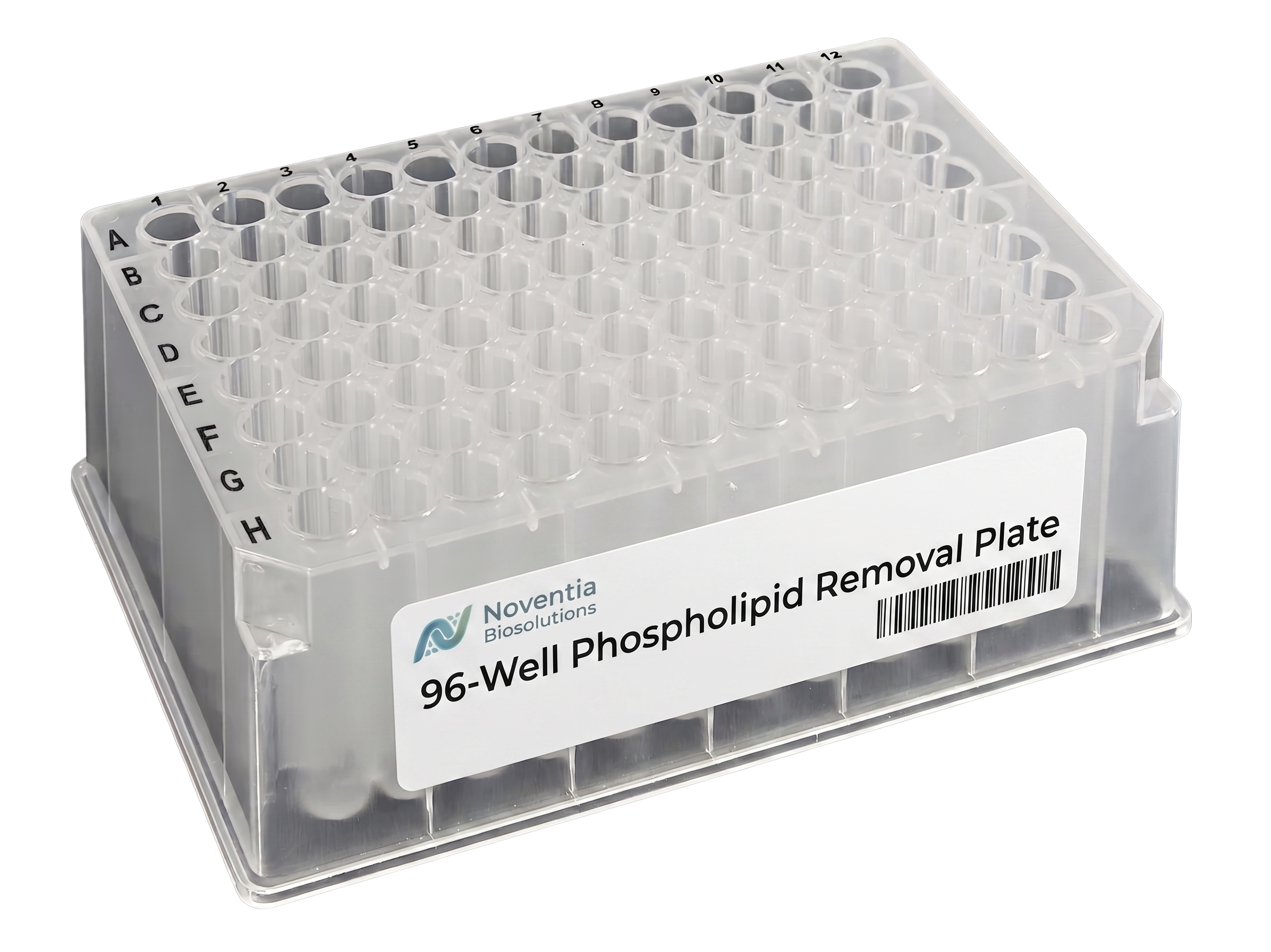 A clear plastic 96-well plate for laboratory testing with labels from A to H on one side and 1 to 12 on the top. The plate is used for scientific experiments and research.