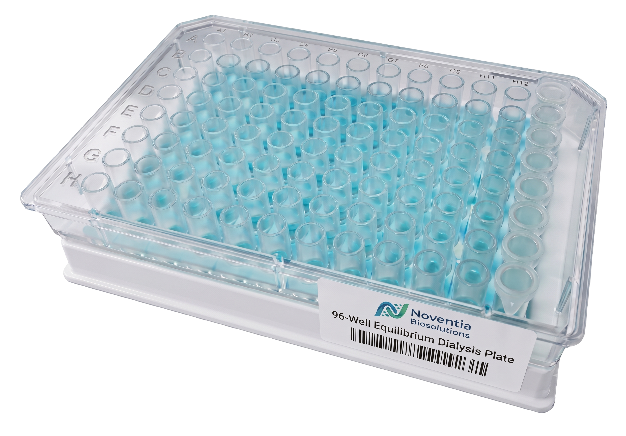 A clear plastic 96-well plate used for laboratory tests, labeled with the brand Noventia Biosolutions and the description '96-Well Equilibrium Dialysis Plate'.