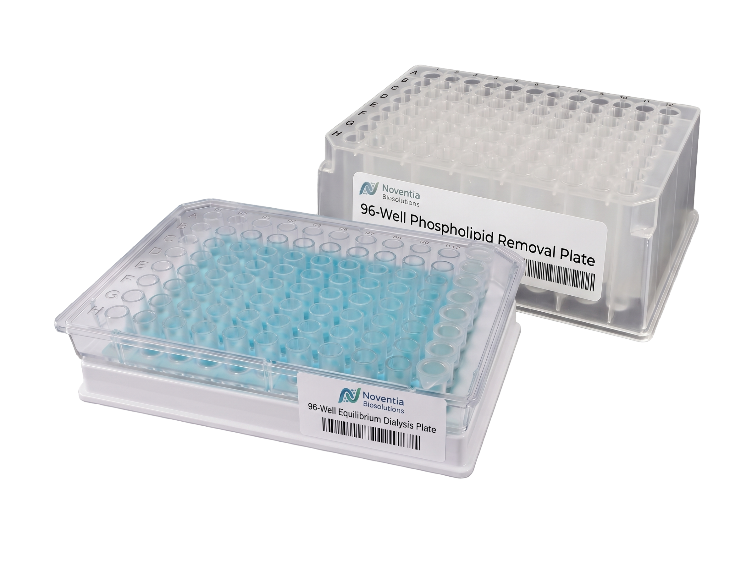 Two clear plastic containers with multiple small wells, labeled '96-Well Phospholipid Removal Plate' and '96-Well Equilibrium Dialysis Plate.'