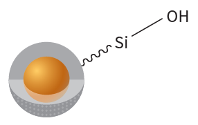 Diagram of a silicon atom with a hydrogen molecule attached, showing silicon with a hydroxyl group (OH) and a spherical atom.