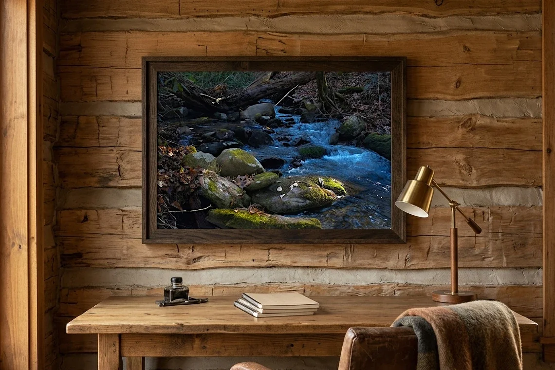 Mossed Boulders Along a Winter Brook
